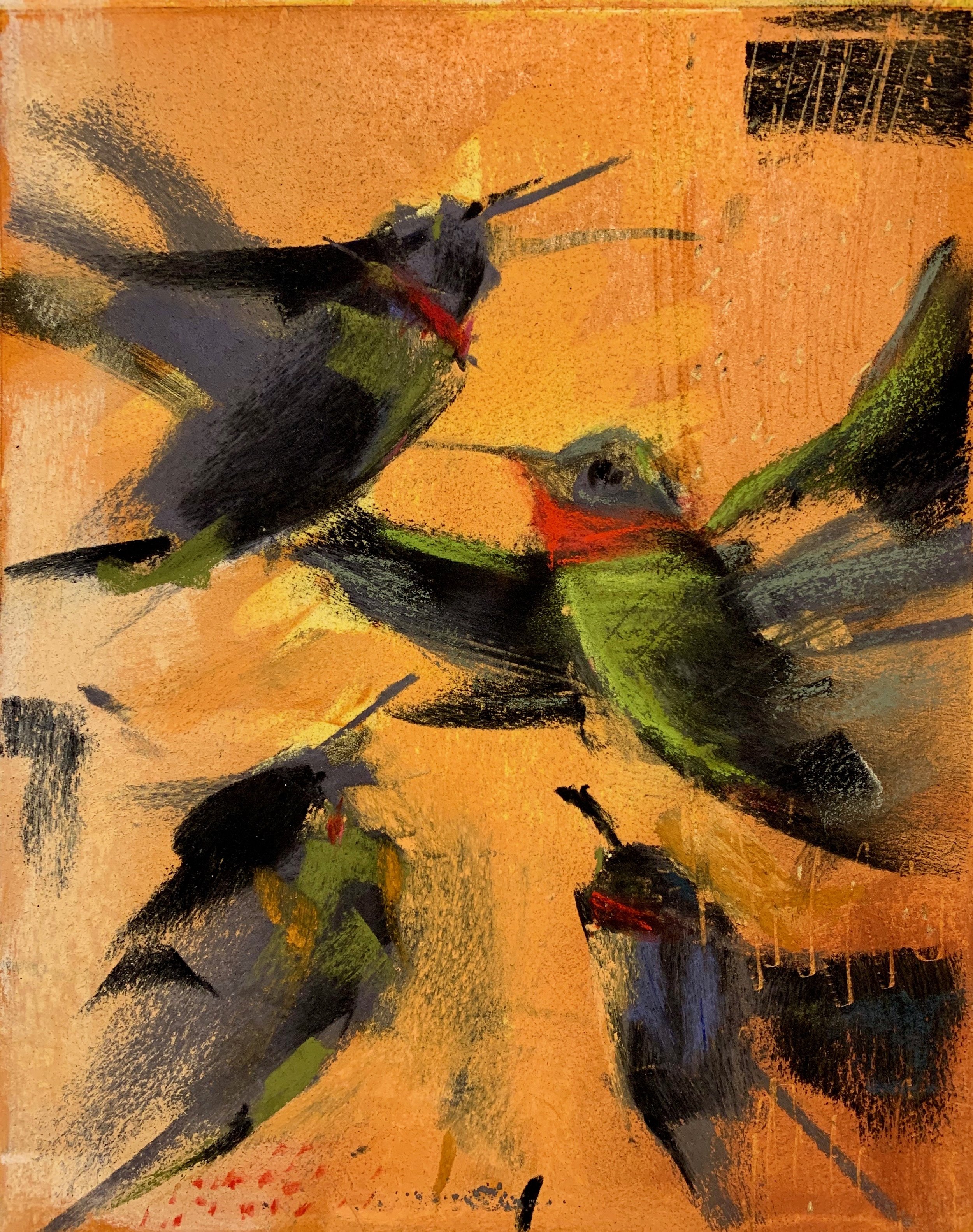 "Hummingbird Dance", Monoprint and Pastel, 10" x 14", 2019.