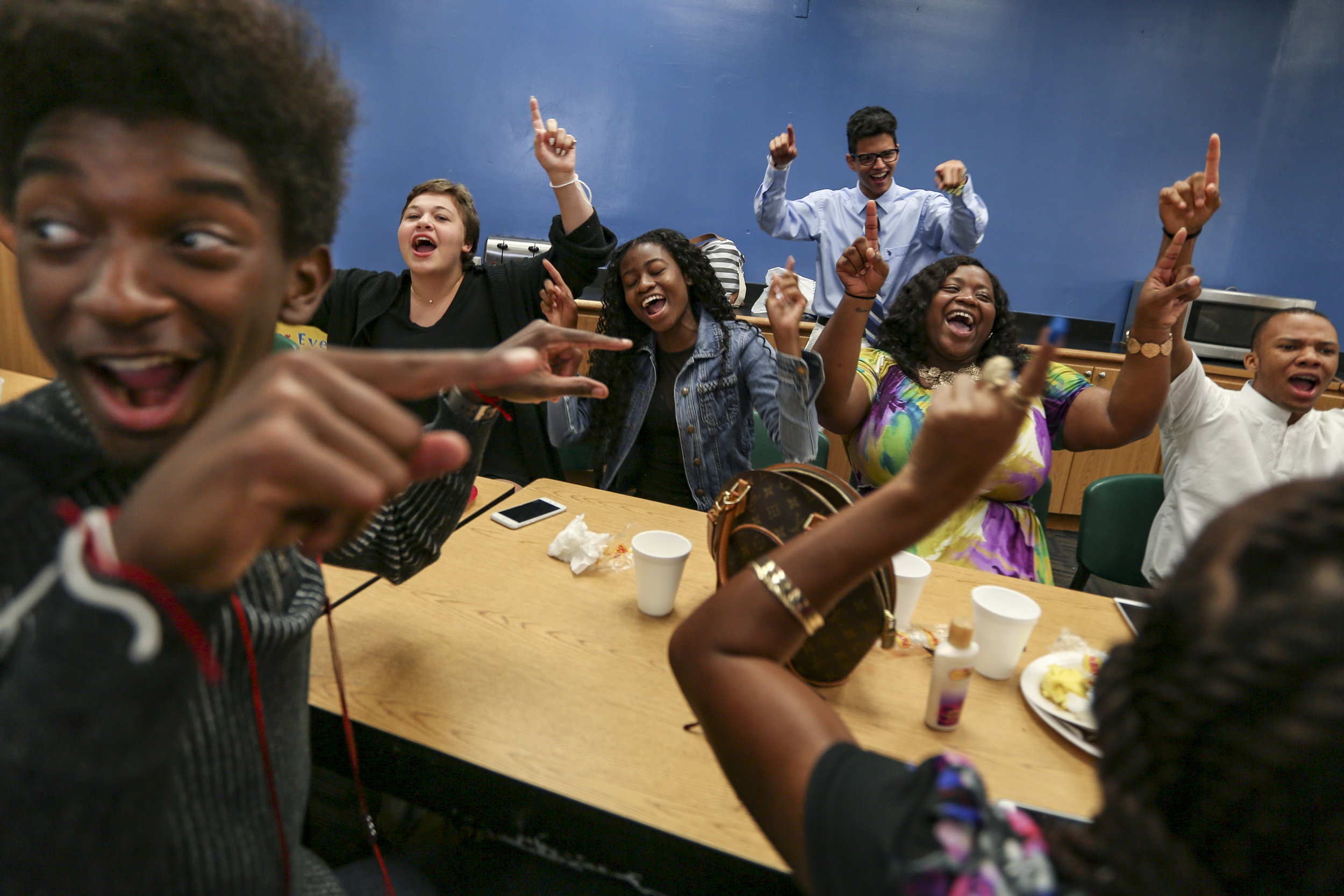  Ori Evans, 16, far left, performs an energizer with his classmates before attending a Breakthrough Miami Education Panel at Ransom Everglades Middle School in Coconut Grove on Wednesday, August 4, 2016. The panel is designed to introduce teaching fe