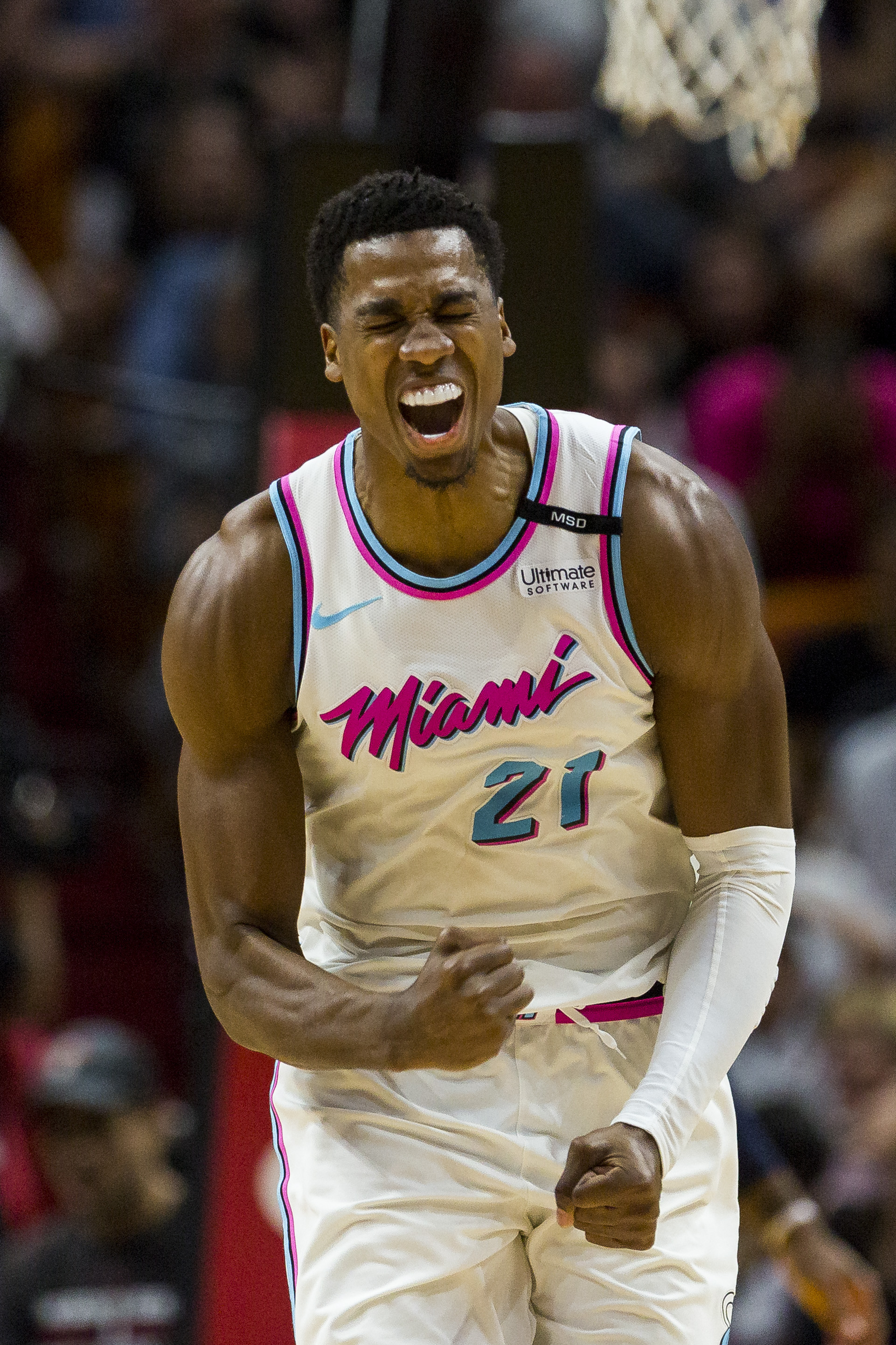  Miami Heat center Hassan Whiteside (21) reacts after scoring in the fourth quarter as the Miami Heat host the Detroit Pistons at the AmericanAirlines Arena on Saturday, March 3, 2018. 