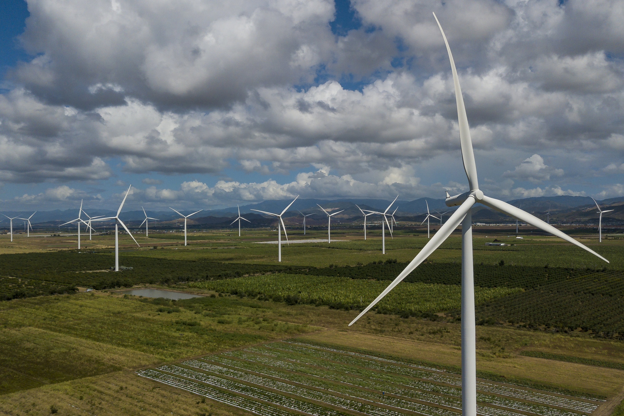  Aerial view of a wind turbine field in Santa Isabel, Puerto Rico on August 25, 2018 a year after Hurricane Maria. 