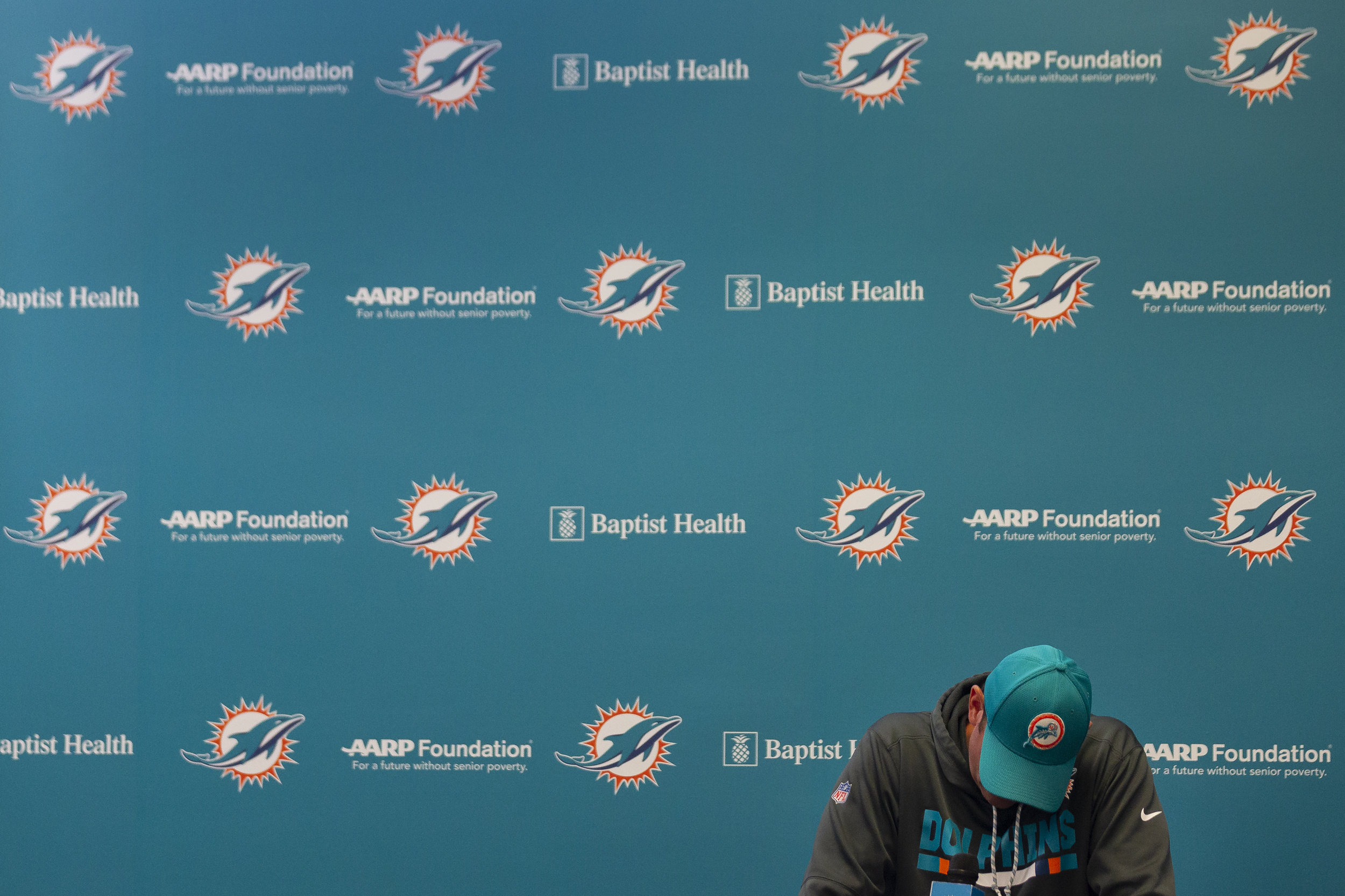  Miami Dolphins head coach Adam Gase talks to the media about his team's loss to the New England Patriots at the Baptist Health Training Facility at Nova Southeastern University in Davie on Monday, October 1, 2018. 