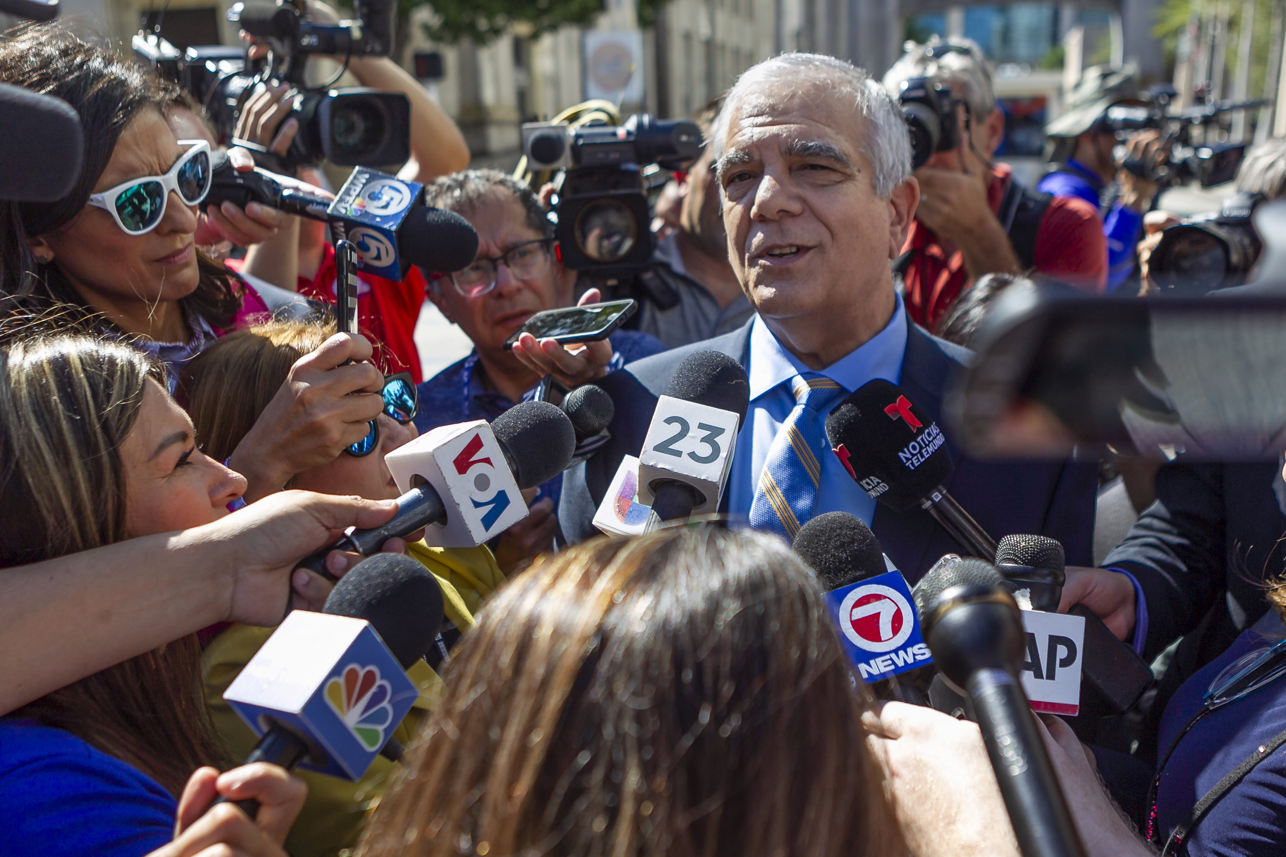  Attorney Daniel Aaronson talks to the media after attending a hearing for his client, Cesar Sayoc, at the Federal District Court for the Southern District of Florida in downtown Miami on Monday, October 29, 2018. 