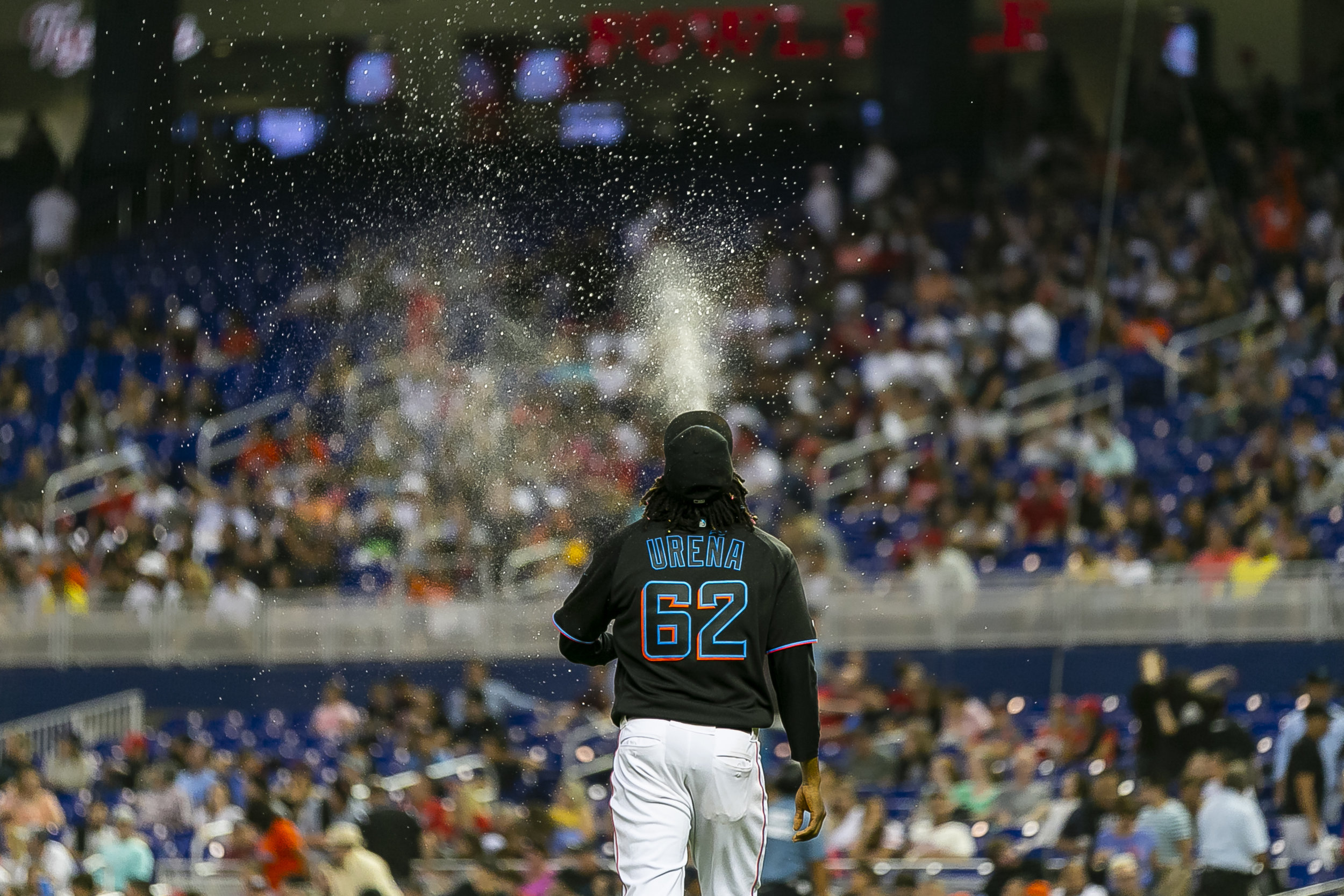  Miami Marlins starting pitcher Jose Urena (62) walks toward the pitching mound in the sixth inning of a baseball game against the Washington Nationals at Marlins Park in Miami on Saturday, April 20, 2019. 