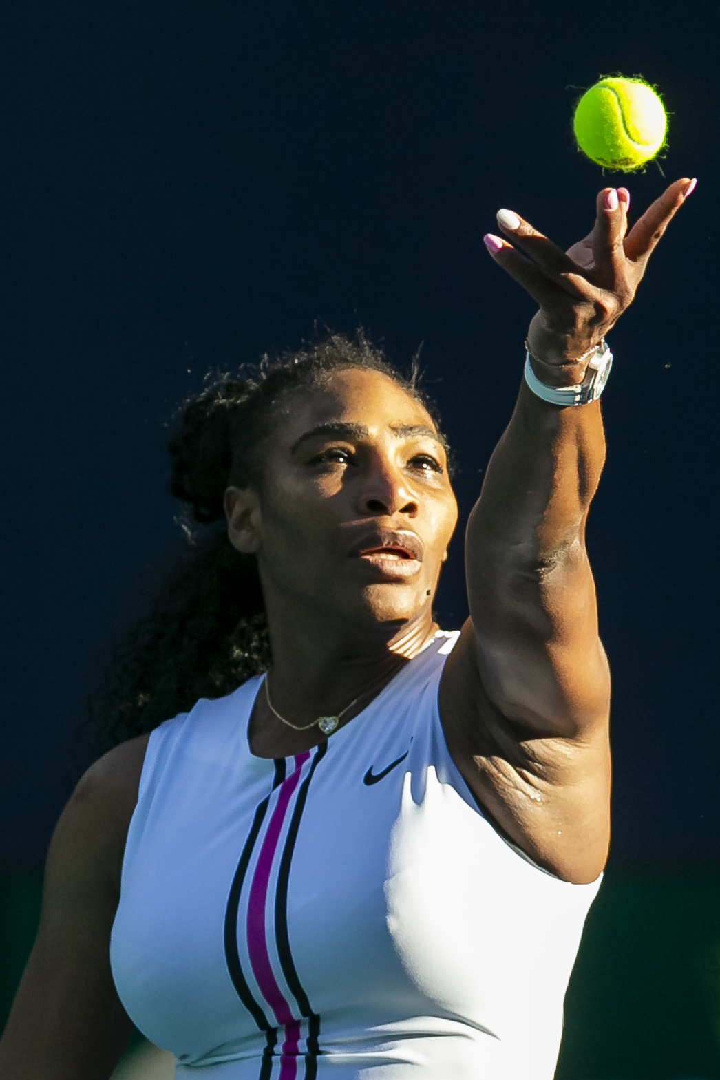  Serena Williams, of the United States, serves against Rebecca Peterson, of Sweden, during their match at the Miami Open tennis tournament on Friday, March 22, 2019 at Hard Rock Stadium in Miami Gardens. 