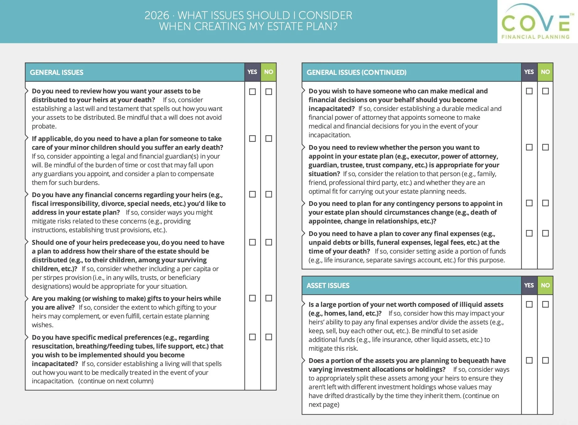 Screenshot of Cove Checklist covering the topic of what issues to consider when creating an estate plan.