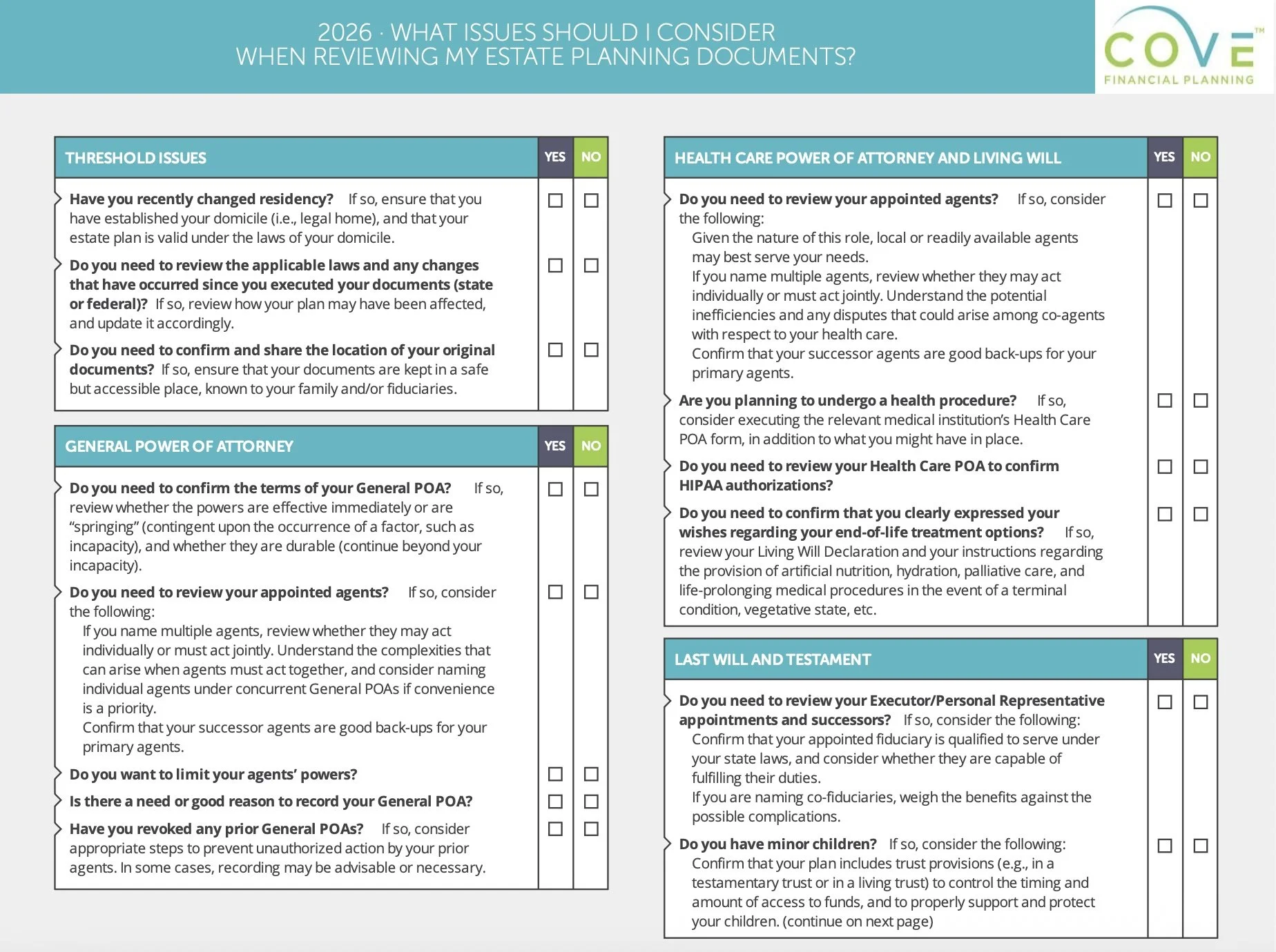 Snapshot of the Cove Checklist covering the topic of Reviewing Estate Planning Documents