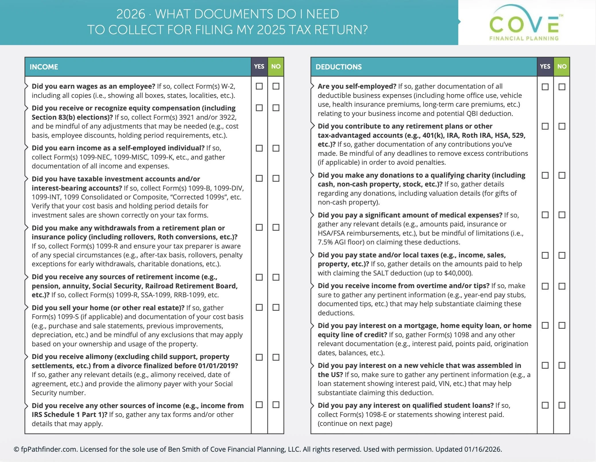 Screenshot of Cove Checklist - What Documents Do I Need for My 2025 Tax Return?