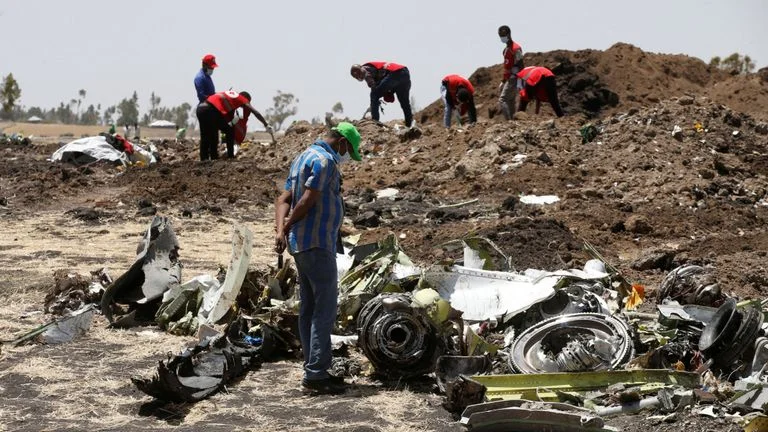 The aftermath of a Boeing 737 Max crash that took place in Ethiopia.