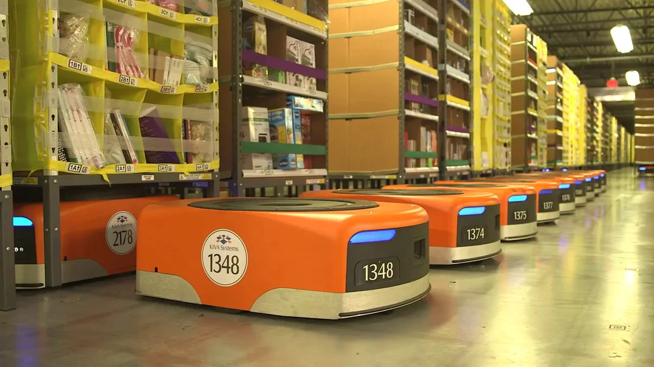 Amazon’s use of Keva robots at one of their fulfillment centers.