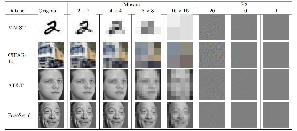 These are example images from each dataset. The leftmost image is the original image. arXiv preprint server manufactures identifiable images from pixelated images.