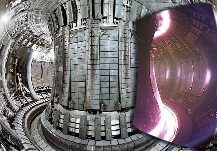 The European Joint European Torus (JET) Tokamak Fusion Reactor during (right) and after operation. (Source: Culham Centre for Fusion Energy, JET)