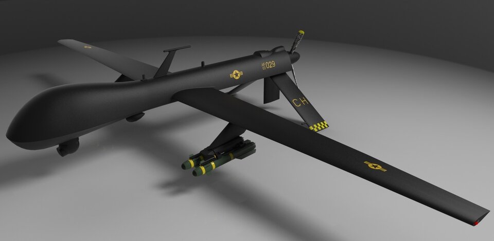 A CAD model of the MQ-1 Predator Drone, which is used by the military, from grabcad.com