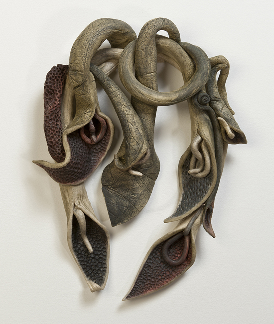 Eulogy Fired Clay with Oxides, Underglaze & Mixed Media, 17” x 14” x 4”