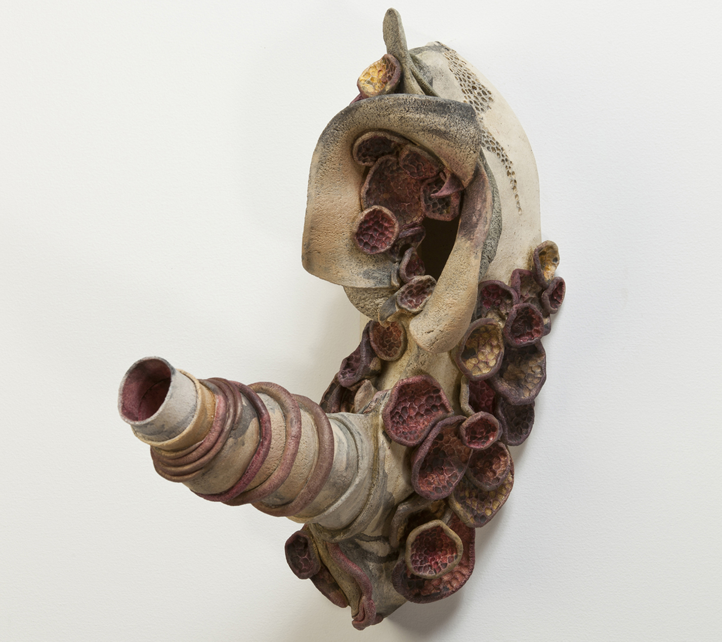 Endeavor Fired Clay with Oxides, Underglaze & Mixed Media, 18” x 15” x 8”