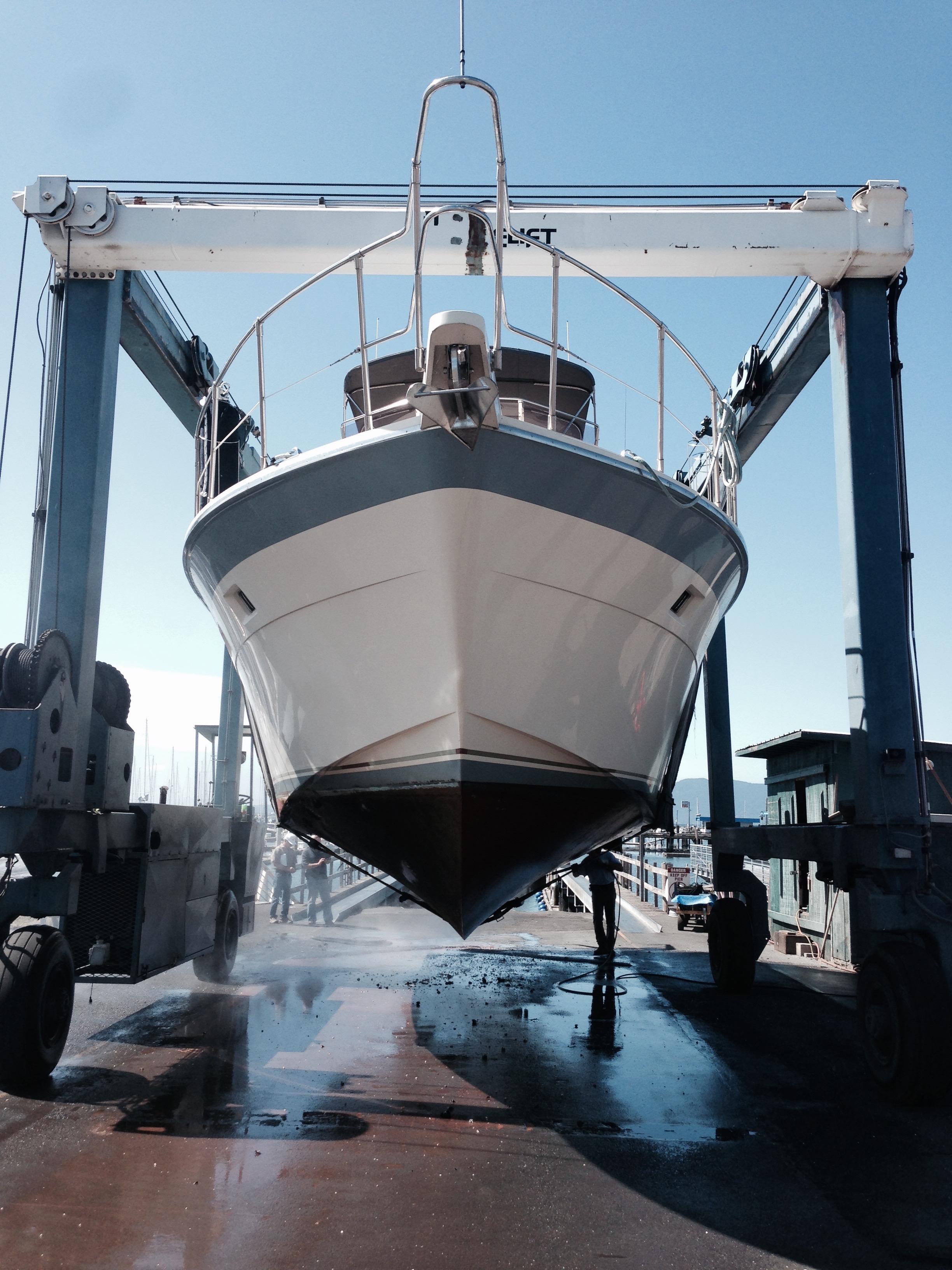 Inspecting the hull and running gear is easy while she’s up in the slings…