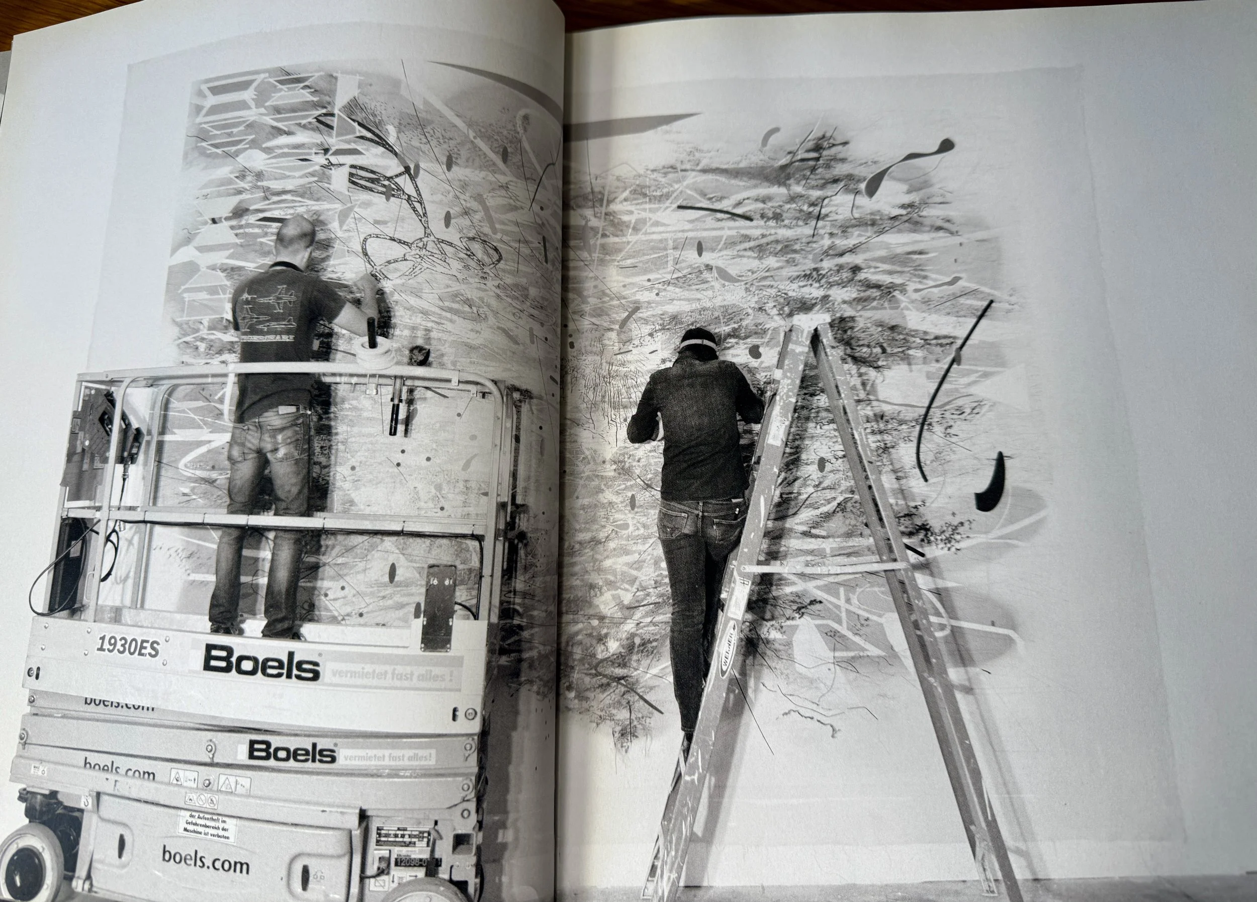 images from Mehretu's studio in Berlin while working on Grey Areas suite of works