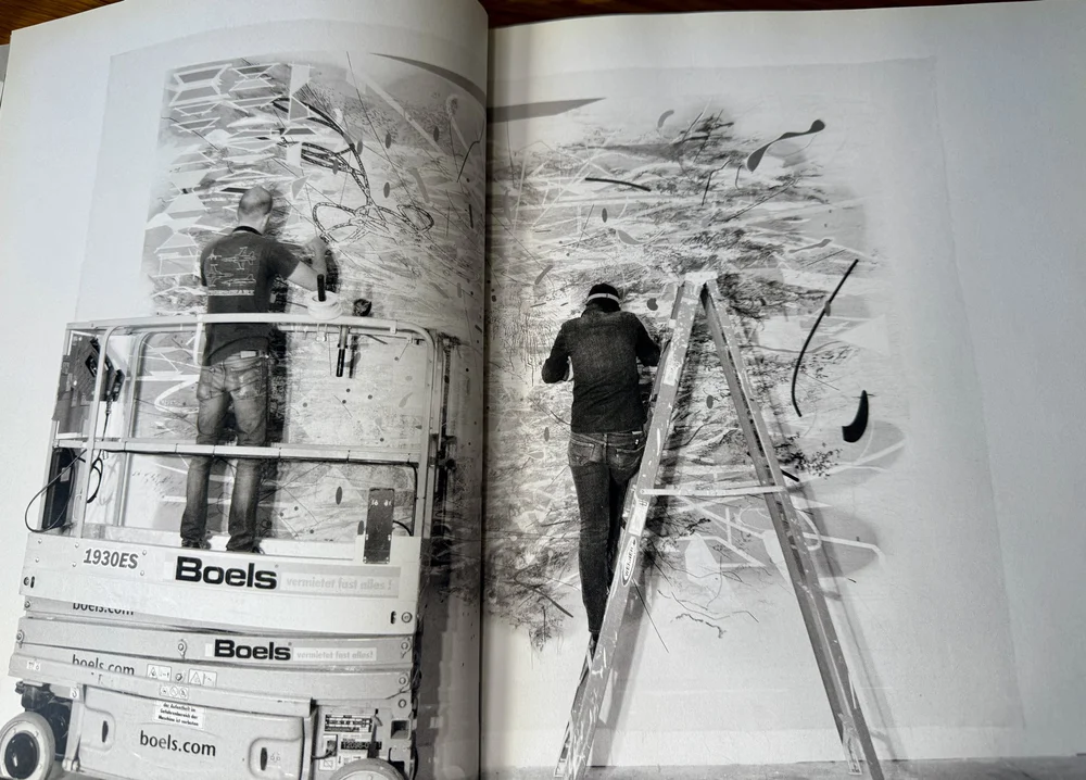 images from Mehretu's studio in Berlin while working on Grey Areas suite of works