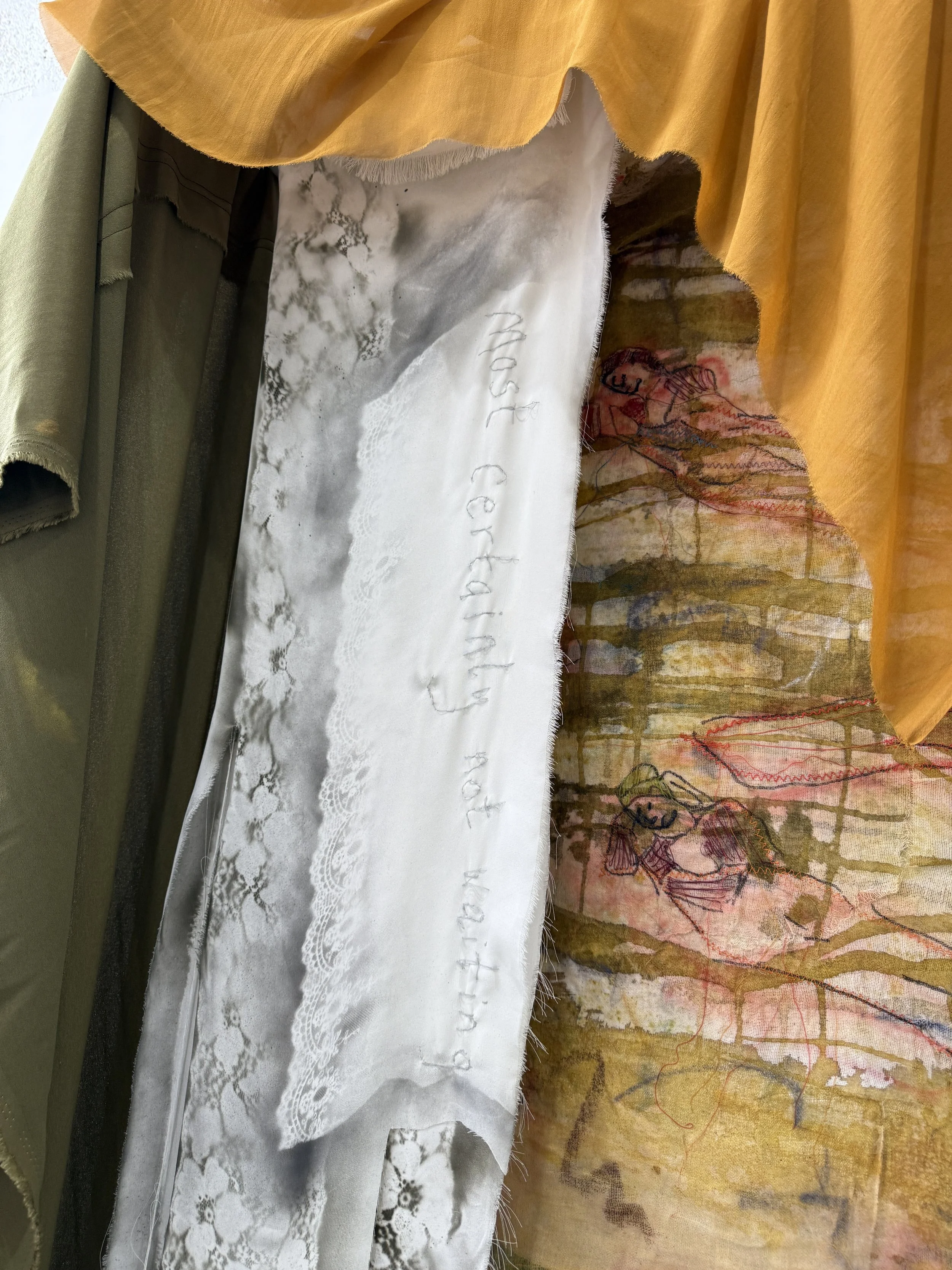 Hand-stitched line "most certainly not waiting" from Carol Ann Duffy poem