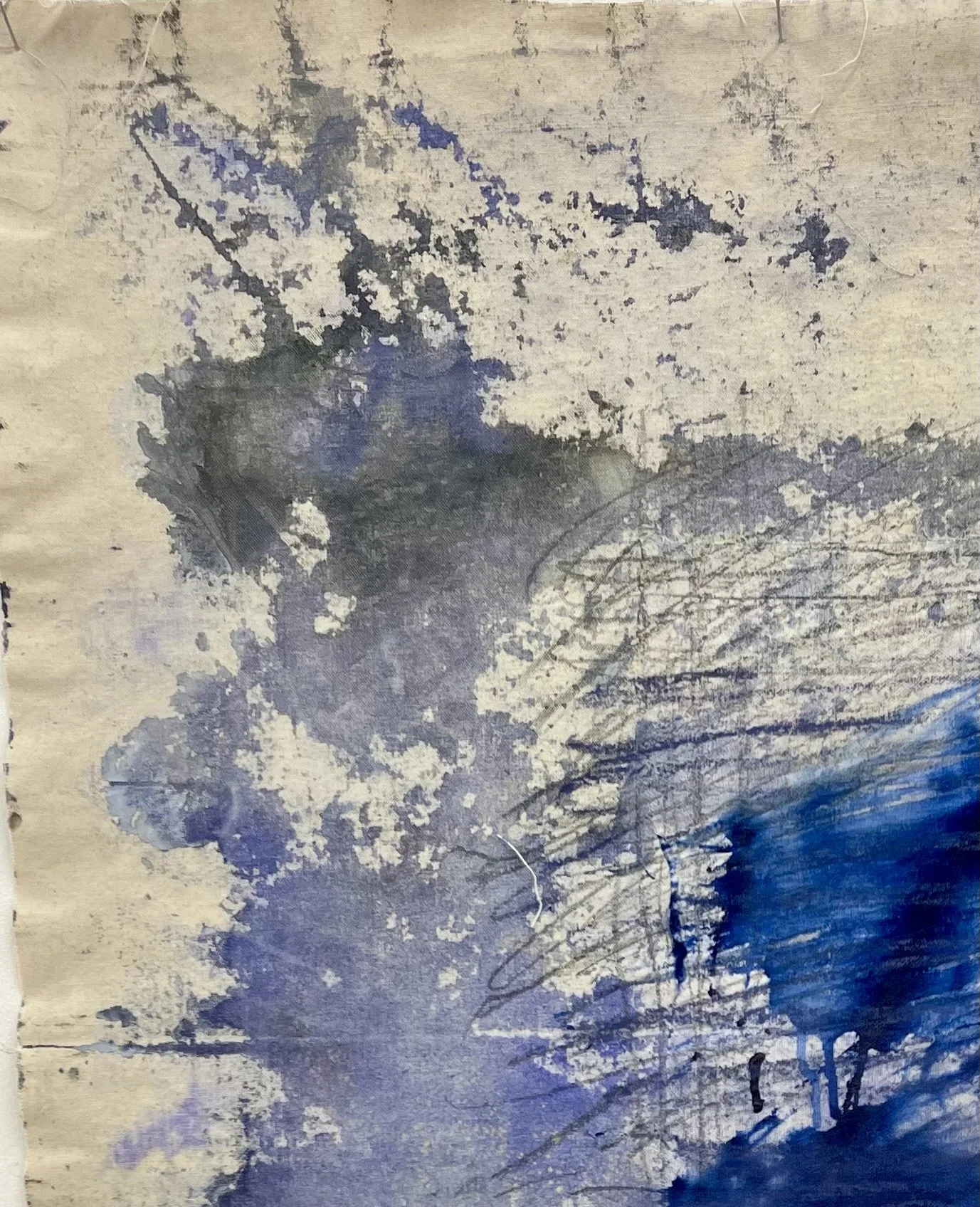 detail of "Tapis 1", ink, crayon and Mull fabric on unprimed canvas