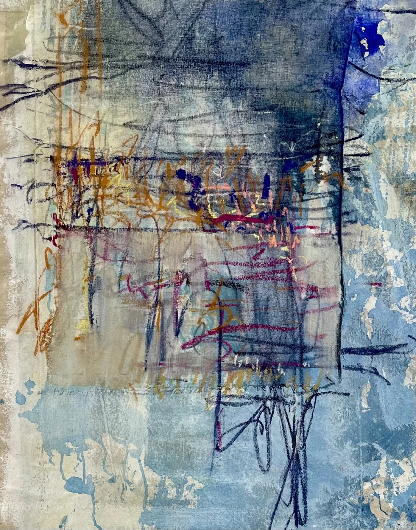 "Tapis 2", dye, ink, pastel and Mull fabric on unprimed canvas