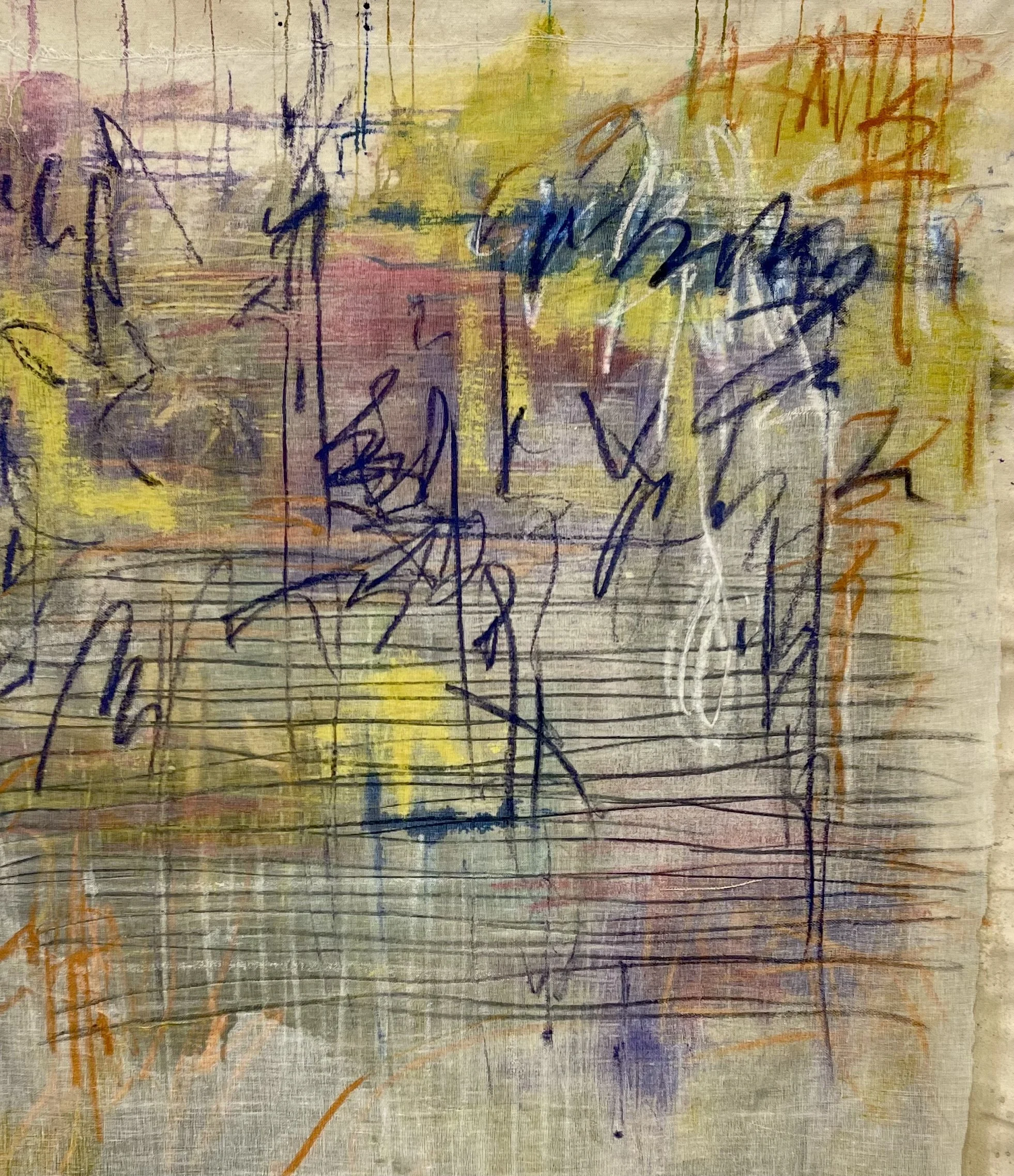 "Threads", ink, acrylic, pastel and Mull fabric on unprimed canvas