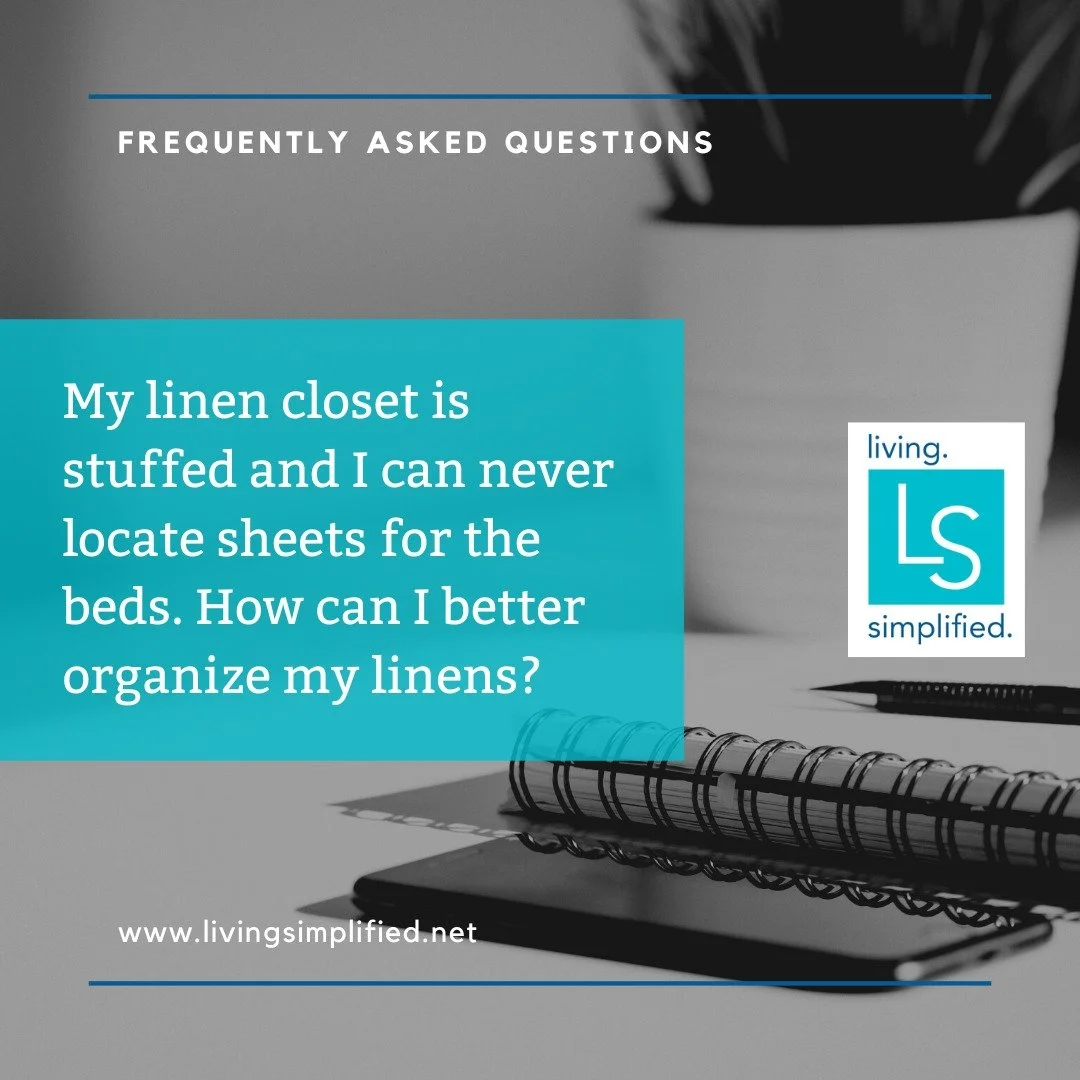 The first step in organizing your linen closet is deciding how many sets of sheets you need for each bed. I recommend to my clients that they keep two sets of sheets per bed (four sets if you use flannel sheets in the cooler months). One to two blank