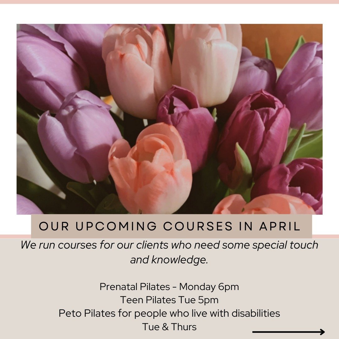 Hello! Here are our upcoming April Courses. 

Are you expecting? Are you a teen or have a teen who wants to get into Pilates? Or do you need more support with your movement and are wondering how Peto Pilates can benefit you? 

Join us for our special