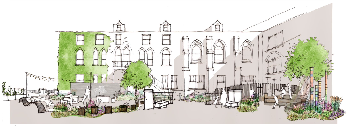   • A proposed rendering of the rectory courtyard as seen from school’s east entrance by the driveway.  