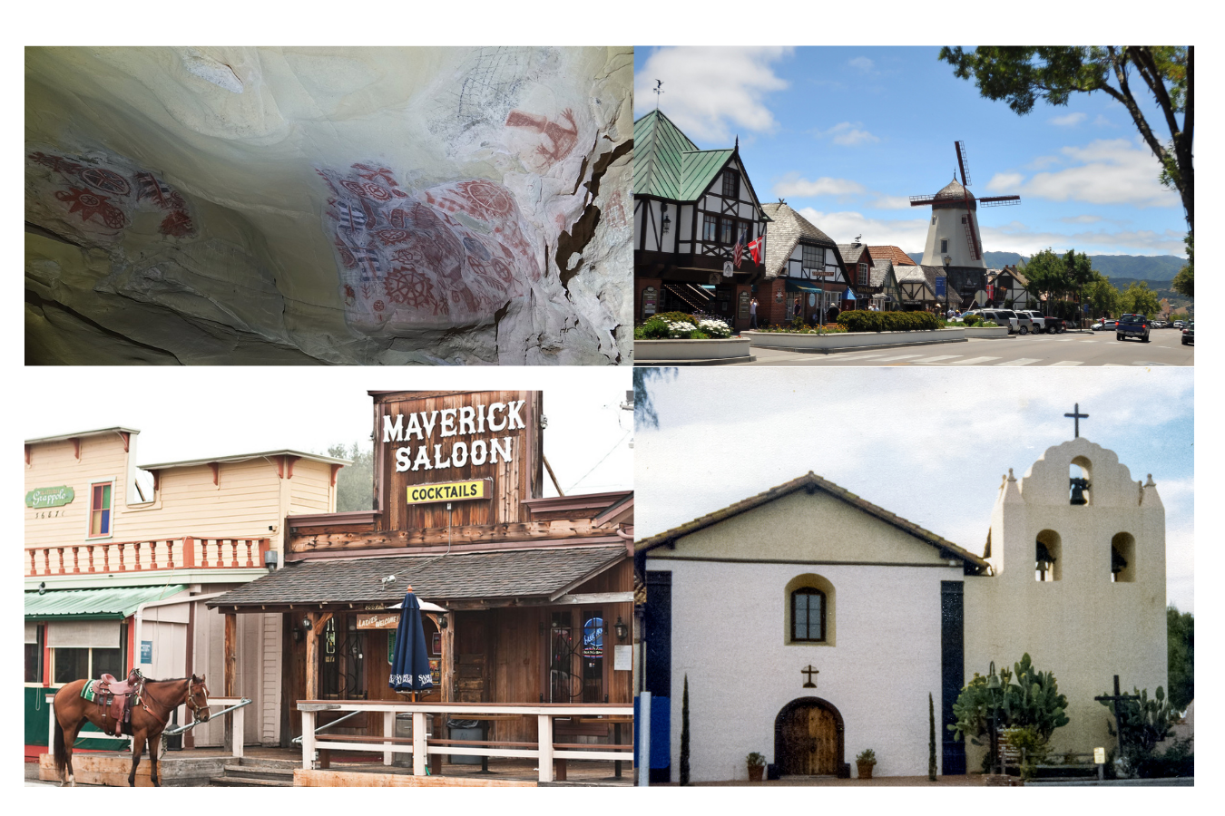 Collage of four photos: closeup of petroglyphs at Chumash Painted Cave, Danish architecture in Solvang, Historic Spanish Mission Santa Inés, The Maverick Saloon, Old Santa Ynez