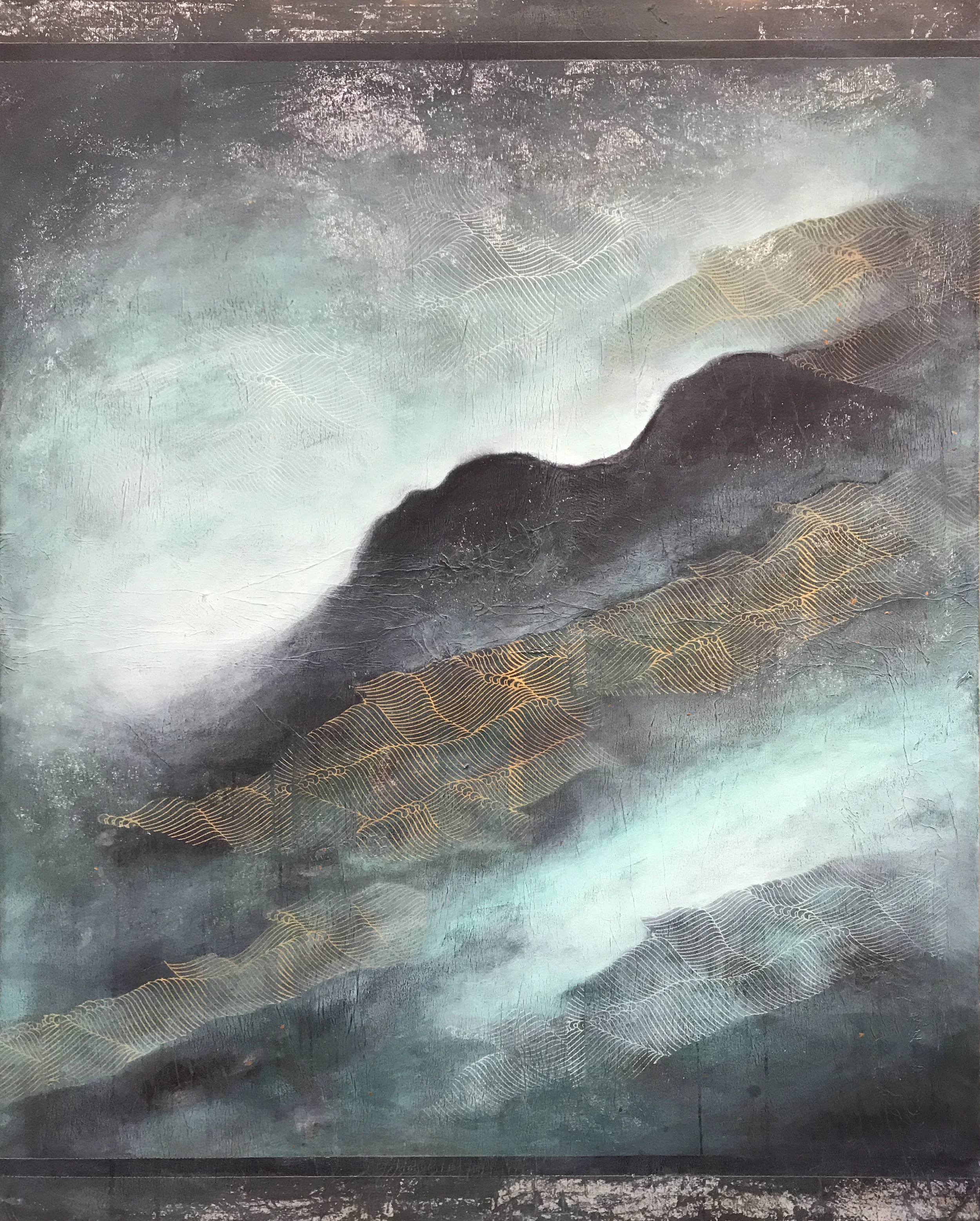 “Letting Go” - This painting represents a falling, a descent, a 'letting go'. A natural journey downwards, flowing like the current in a river, over the rocks and pebbles, following the simplest route back to its source. This work is also a metaphor for human experience. To quiet the mind, soften mental identification with the external world and release from the fear and need to control one's 'life'. To let go and to trust the direction of the natural current of life. To turn the gaze inward to connect with the infinite source of stillness within.