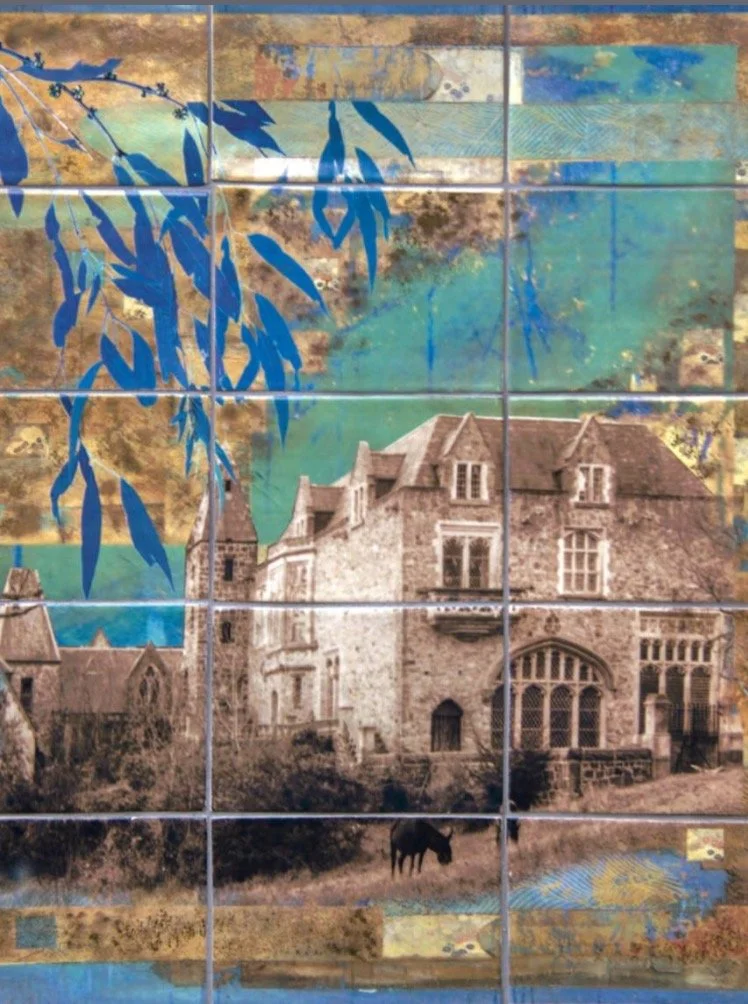 Montsalvat, Eltham Eltham Cemetery A tiled mural featuring a historic stone mansion, a horse, and a tree branch with blue leaves against a colorful sky background.