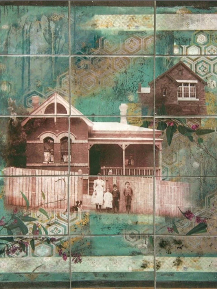 Eltham Primary School house vintage house photo with floral and geometric patterns in the background, showing a large two-story house with porch and children and an adult standing in front.Eltham Cemetery
