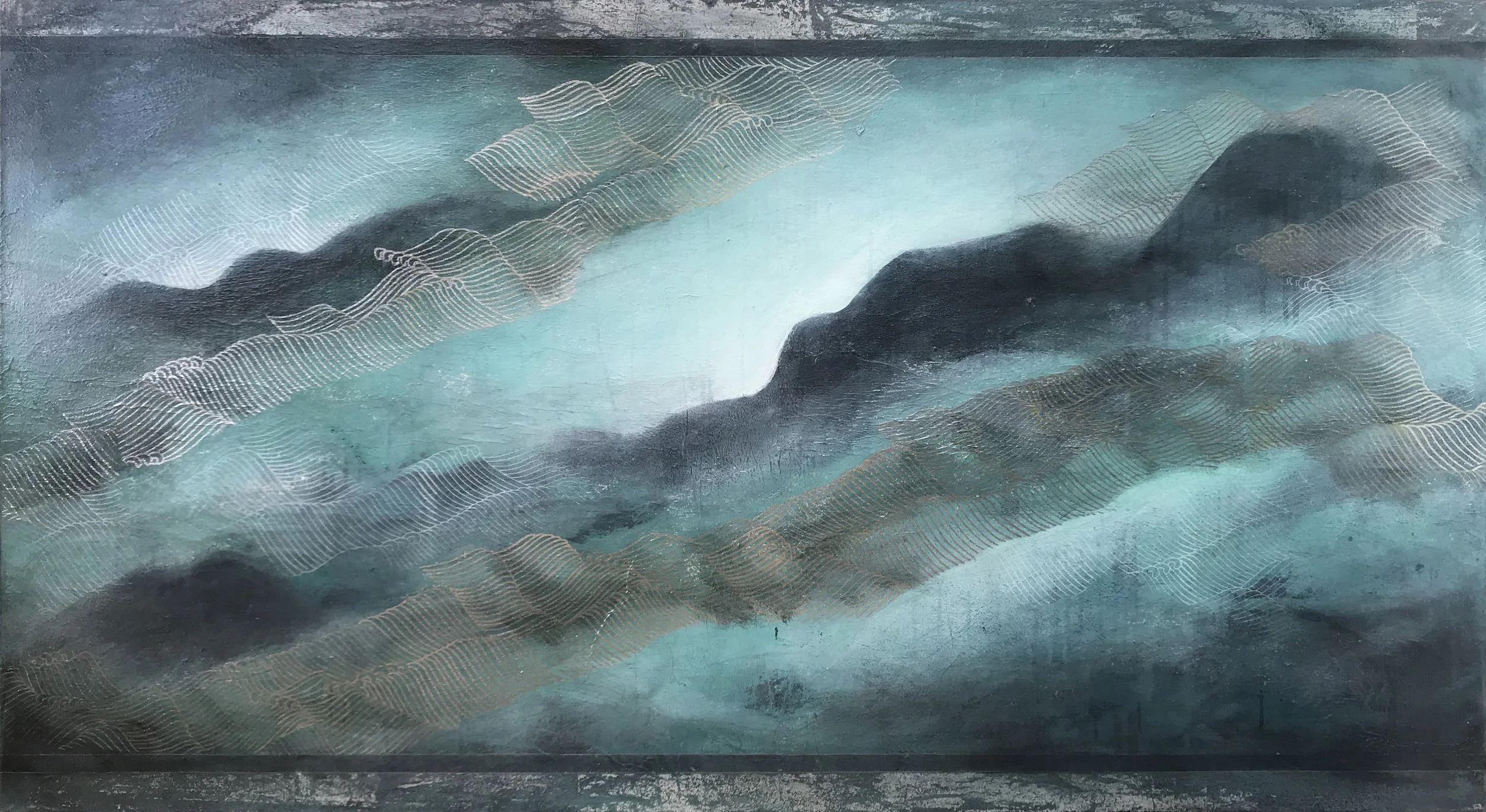 Silence | Mixed media and liquid chrome on canvas | 84cm × 152cm