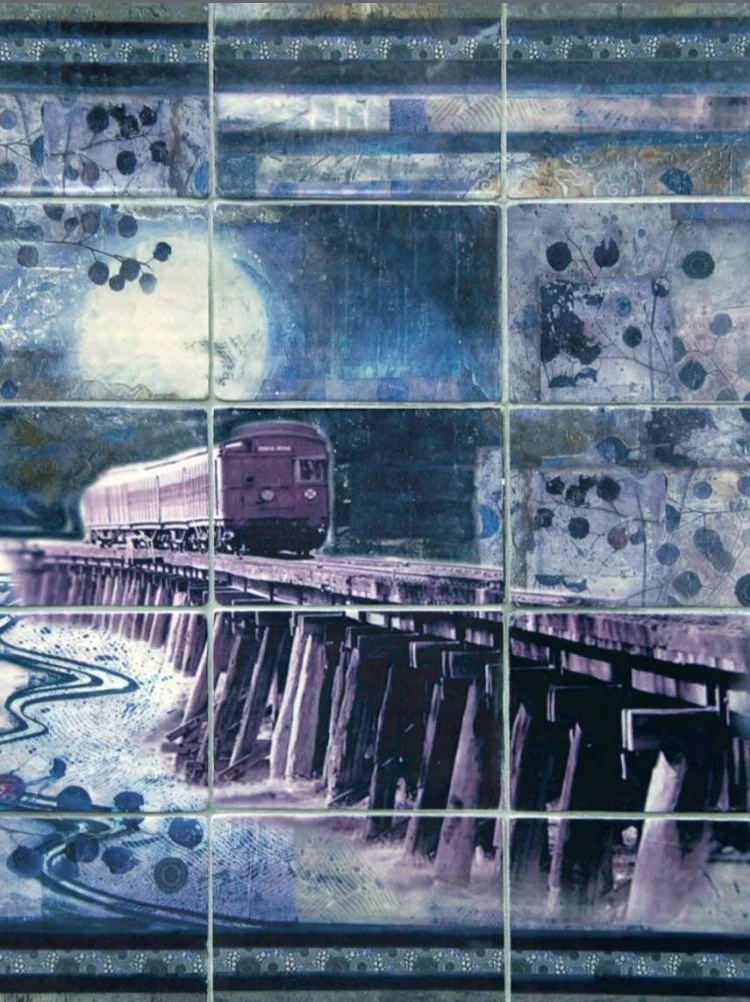 Eltham Trestle bridge Decorative ceramic tiles with a purple train traveling on railroad tracks against a moonlit night sky with abstract floral and swirl patterns.Eltham Cemetery