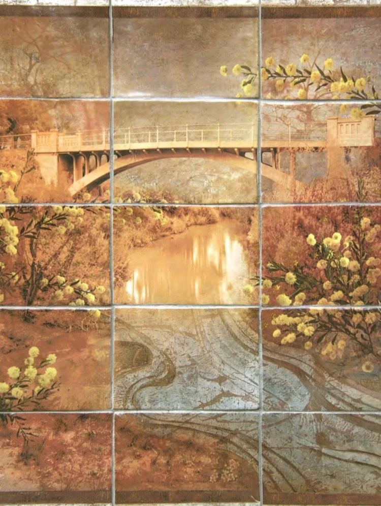 Artwork depicting a Monash Bridge, Hurstbridge bridge over a river with trees and flowers in warm tones.Eltham Cemetery