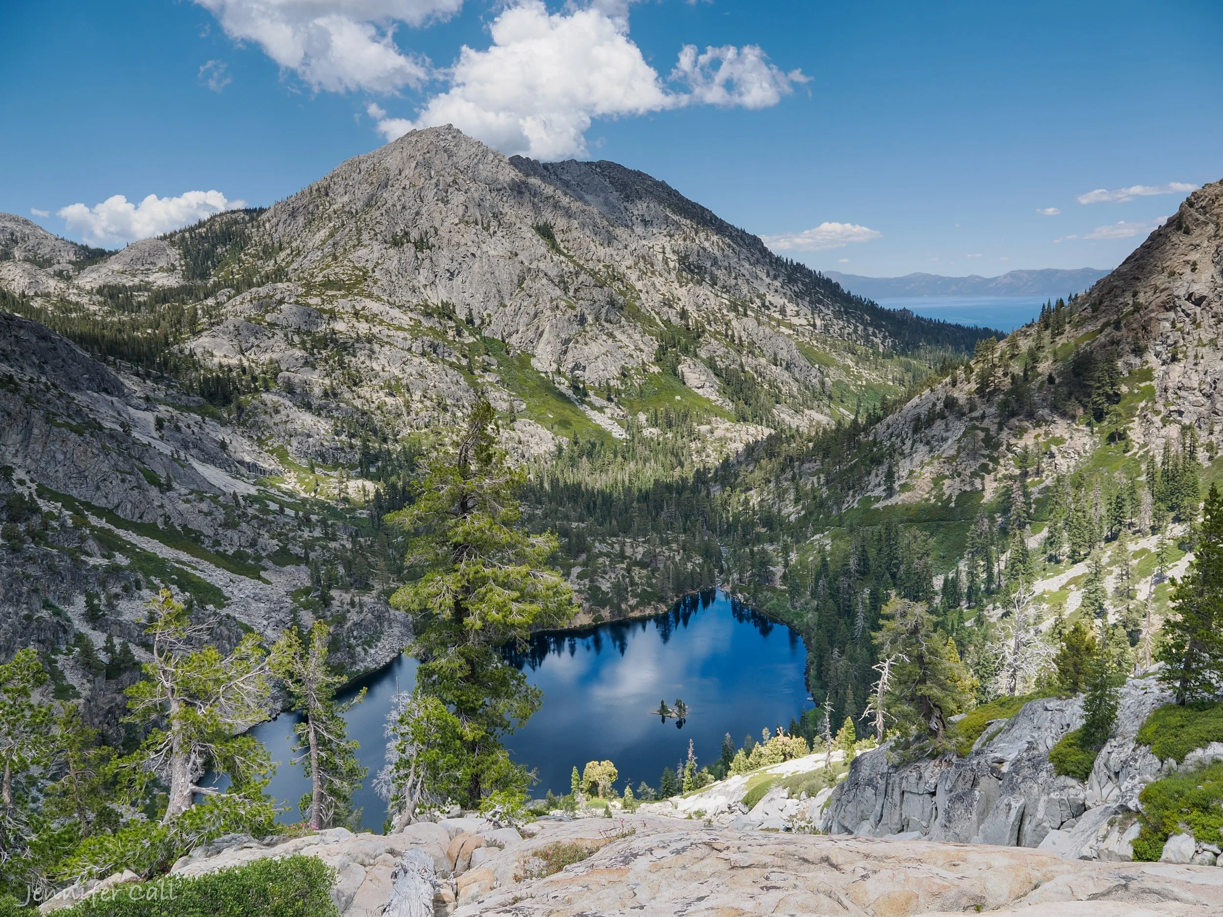 A view from above Eagle Lake with Lake Tahoe in the distance. 