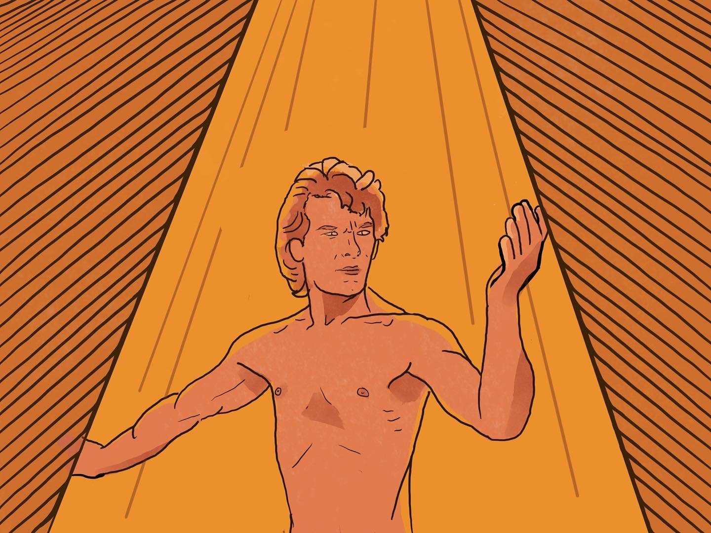  An illustration of a shirtless Patrick Swayze making a martial arts pose. 