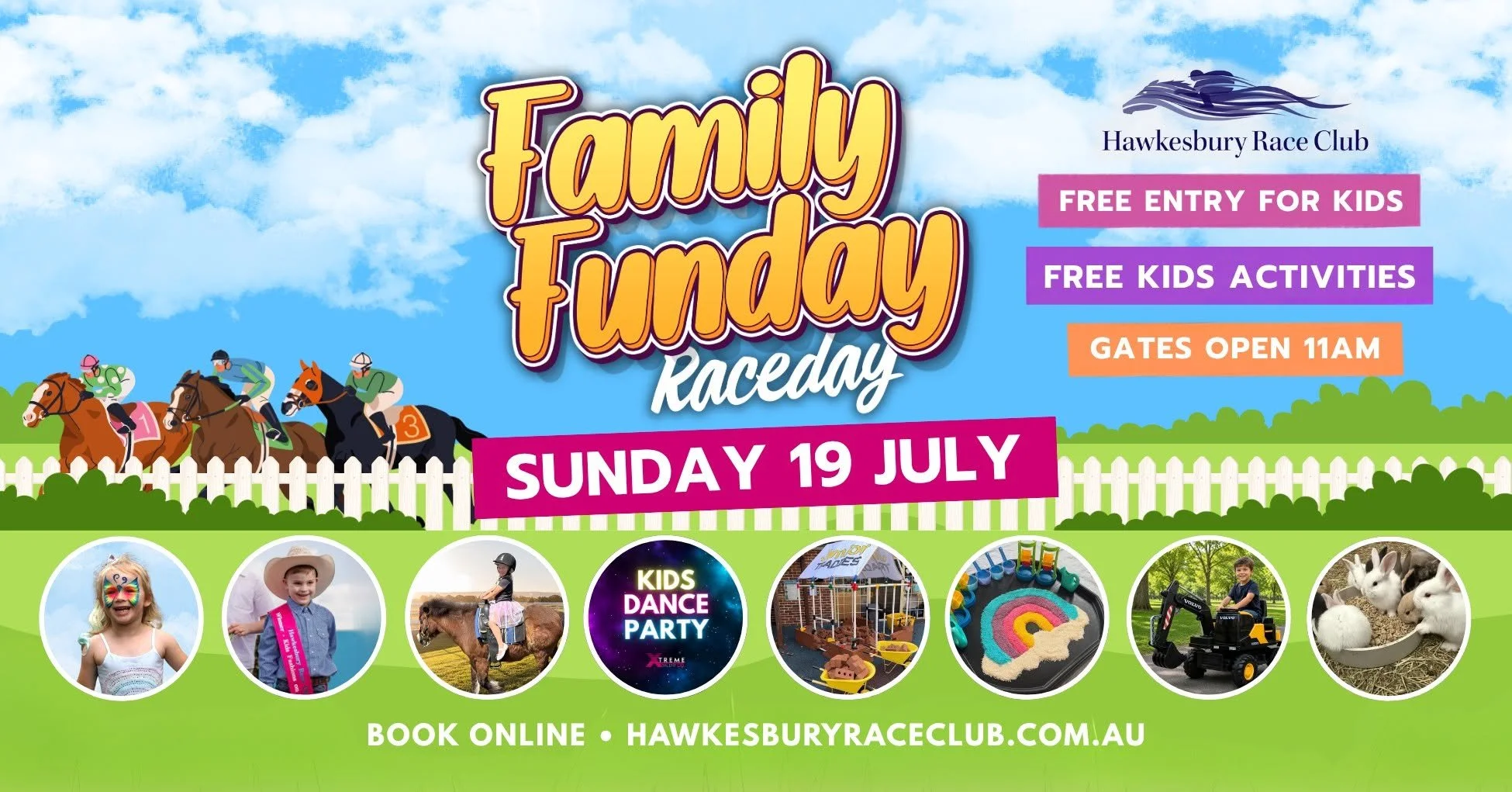 Hawkesbury Family Funday Raceday featuring free kids activities, pony rides, petting zoo, face painting, sensory play and family entertainment at Hawkesbury Race Club during the school holidays.
