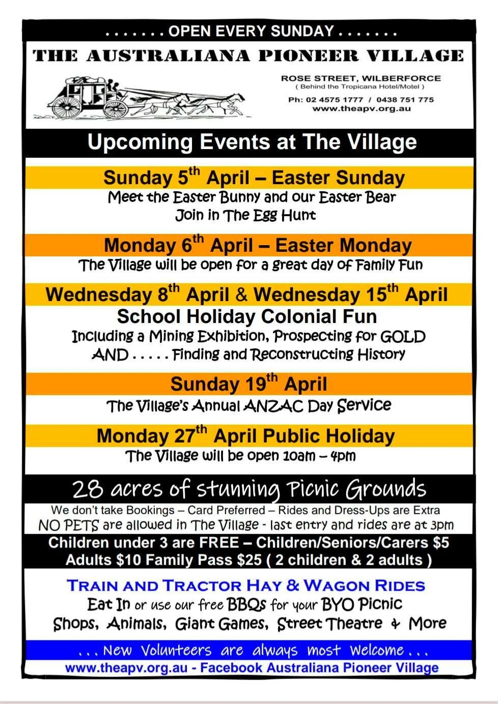 Australiana Pioneer Village Wilberforce April school holiday events flyer featuring Easter egg hunt, colonial activities, train rides and family fun in the Hawkesbury NSW