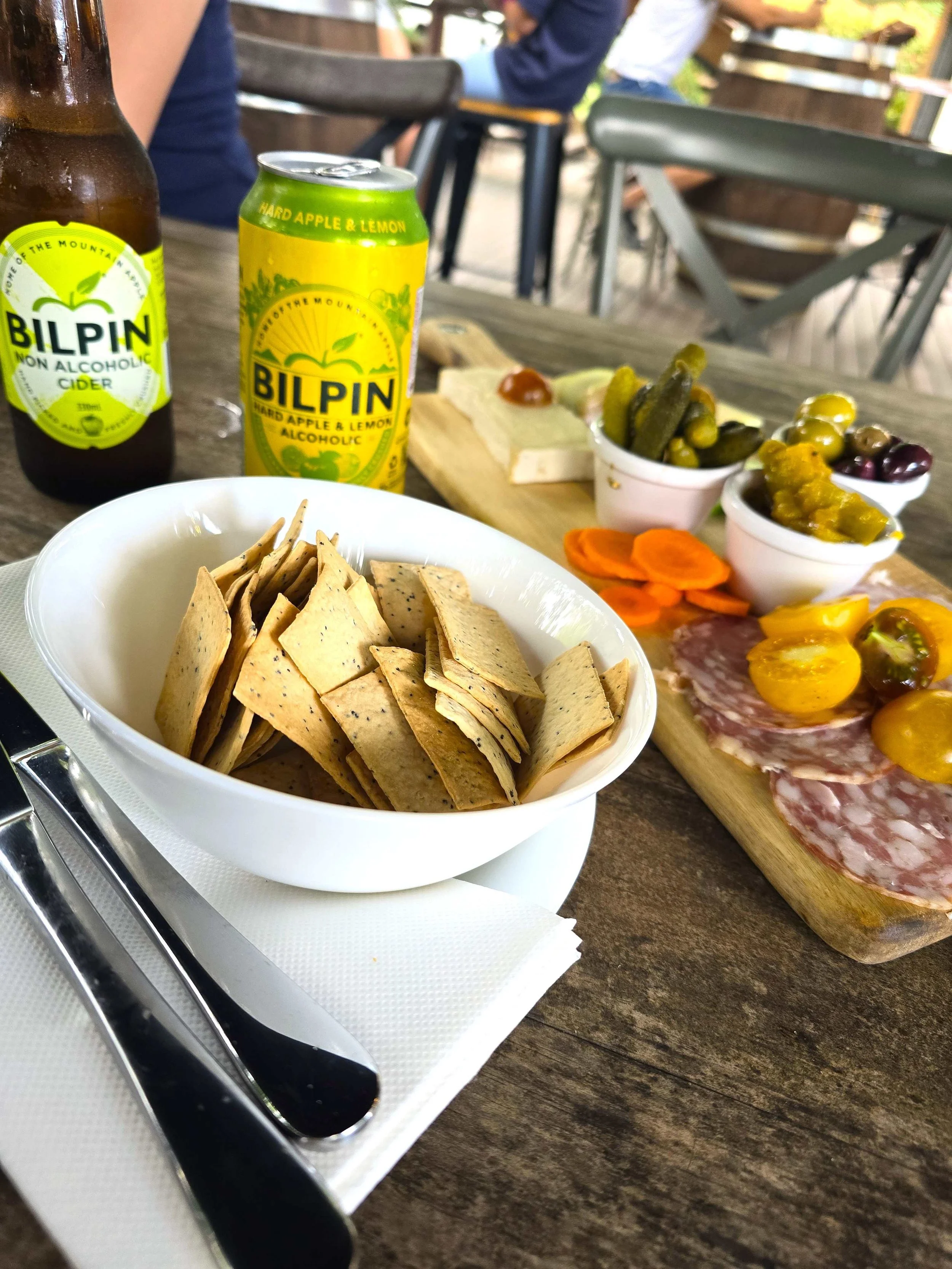 Cheese platter and Bilpin Cider drinks at Bilpin Cider Co in Bilpin NSW, perfect lunch stop after Mt Irvine chestnut picking