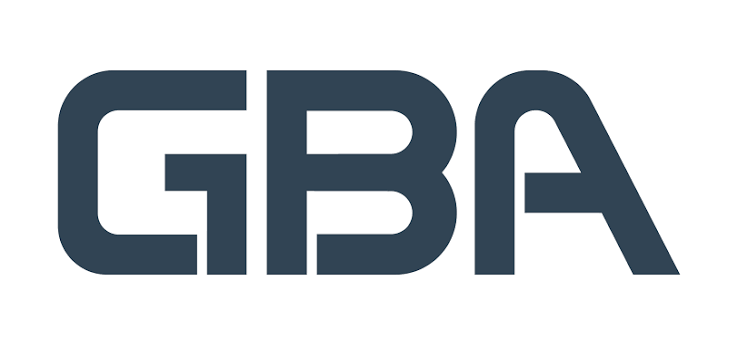 Logo with the letters GBA in bold, dark blue font.