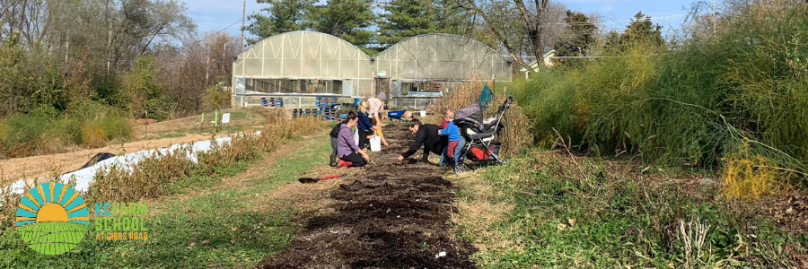 Seven volunteers of all ages volunteer on an urban farm using regenerative agriculture practices. There is a greenhouse in the background and vegetation in the foreground.