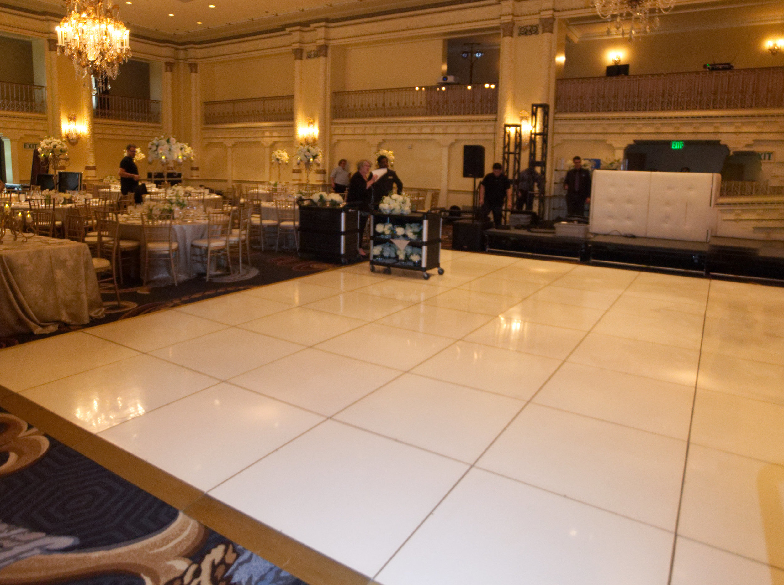  A white dance floor for a bat mitzvah in the Spanish Ballroom at the  Fairmont Olympic Hotel . 