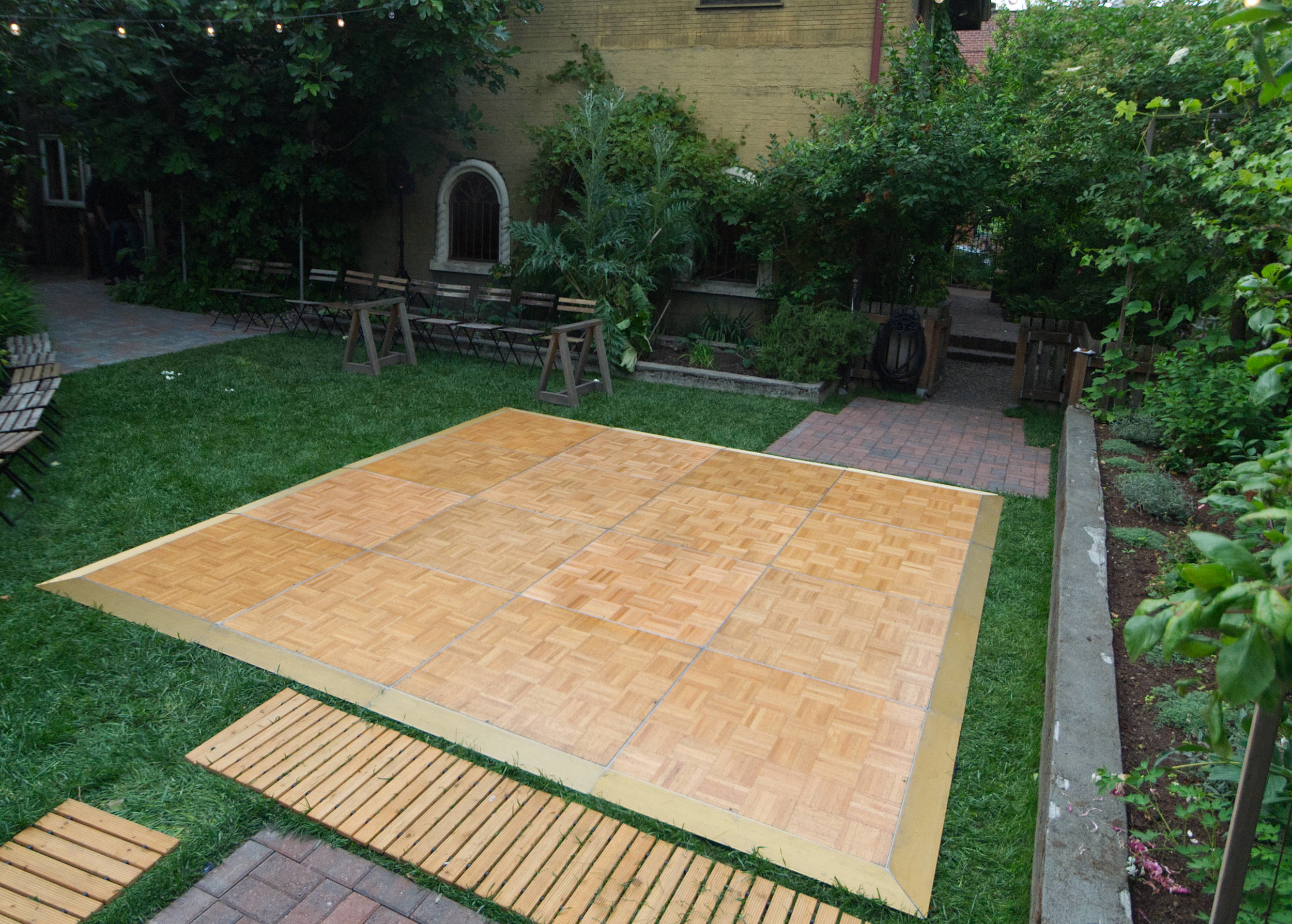  12' by 12' oak dance floor for a wedding at  The Corson Building . 