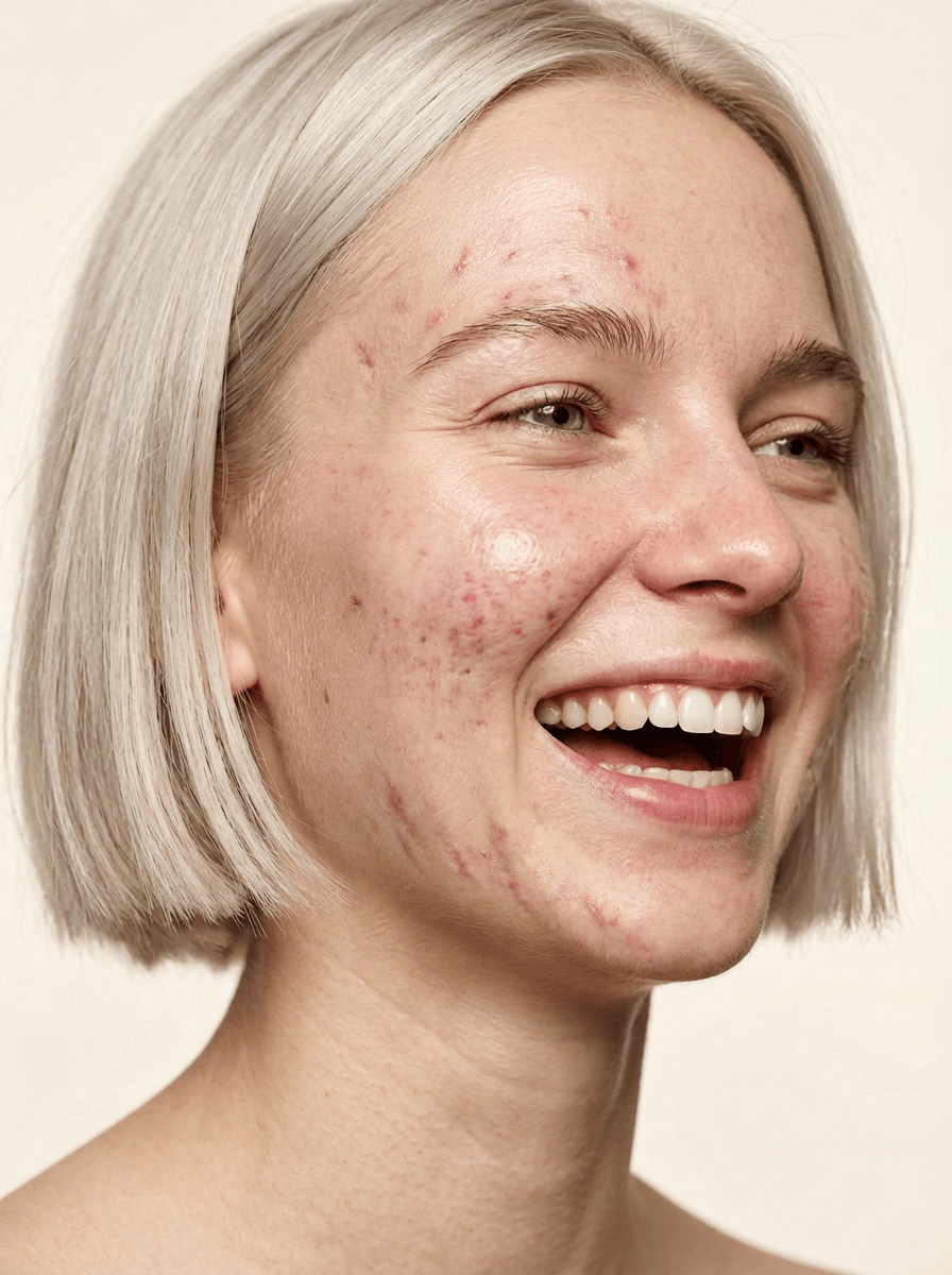 Femme blonde aux cheveux courts avec acné active, peau légitime