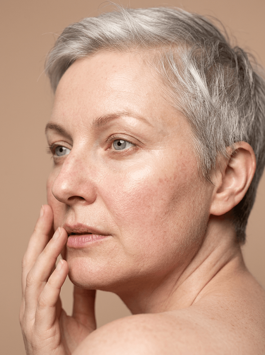 Femme aux cheveux gris courts, beauté mature