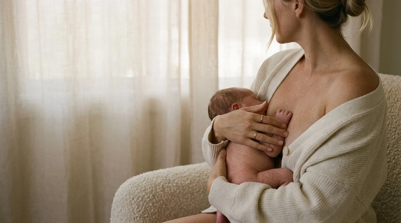 Mère tenant son nouveau-né en peau à peau après l'accouchement, lumière chaude, post-partum