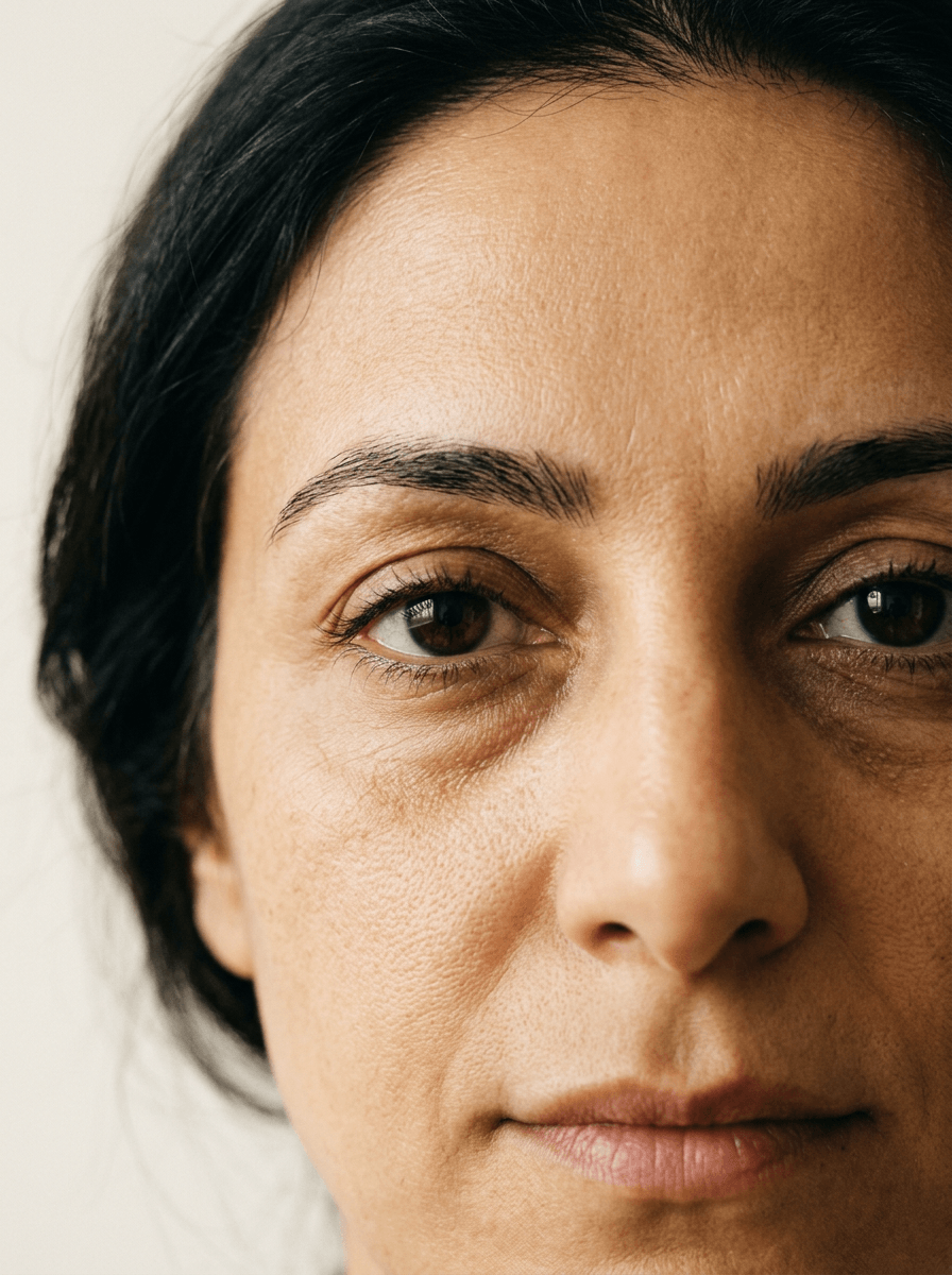 Portrait éditorial close-up sur le regard d'une femme avec cernes et poches, cabinet du Dr. Nouara Benbellout à Lille