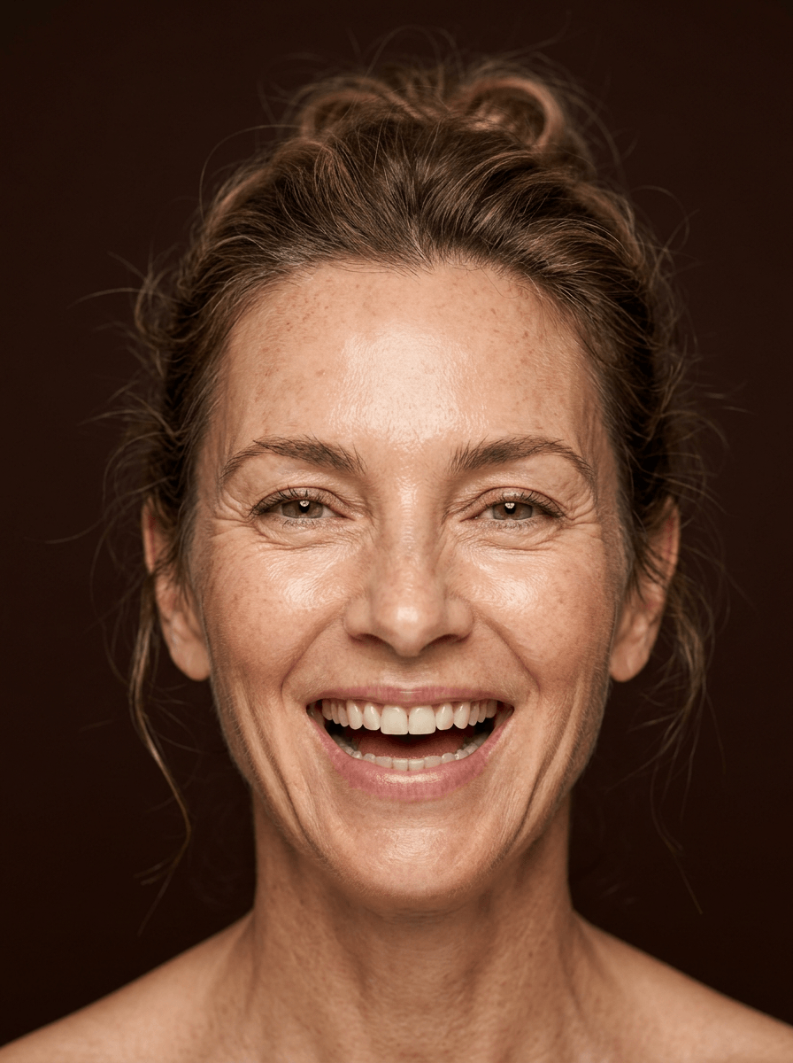 Femme cheveux retenus, sourire, peau claire mature