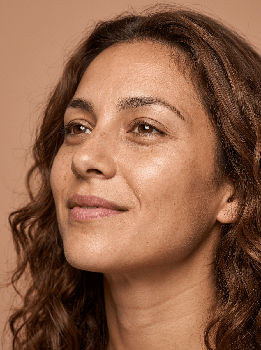 Femme brune aux cheveux ondulés, peau mate phototype IV